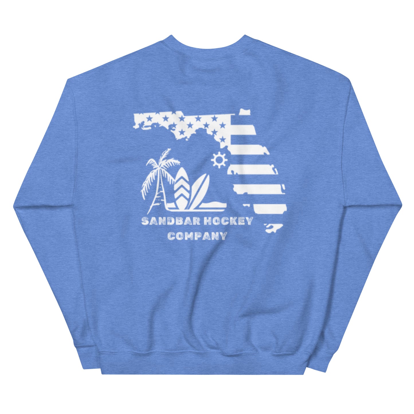 Periwinkle hockey crewneck sweatshirt back side with Florida state flag beach graphic and Sandbar Hockey Company logo