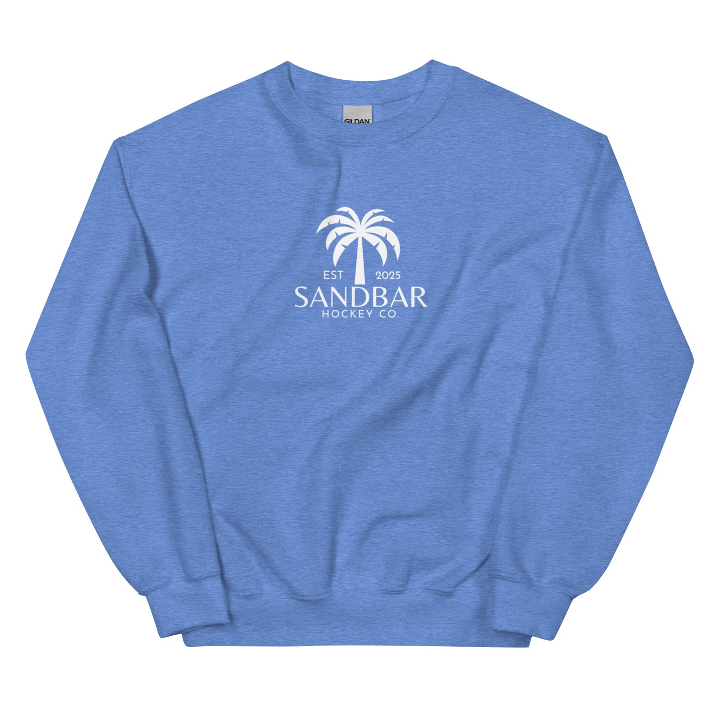Periwinkle hockey crewneck sweatshirt front side with small palm tree Sandbar Hockey Co. chest logo