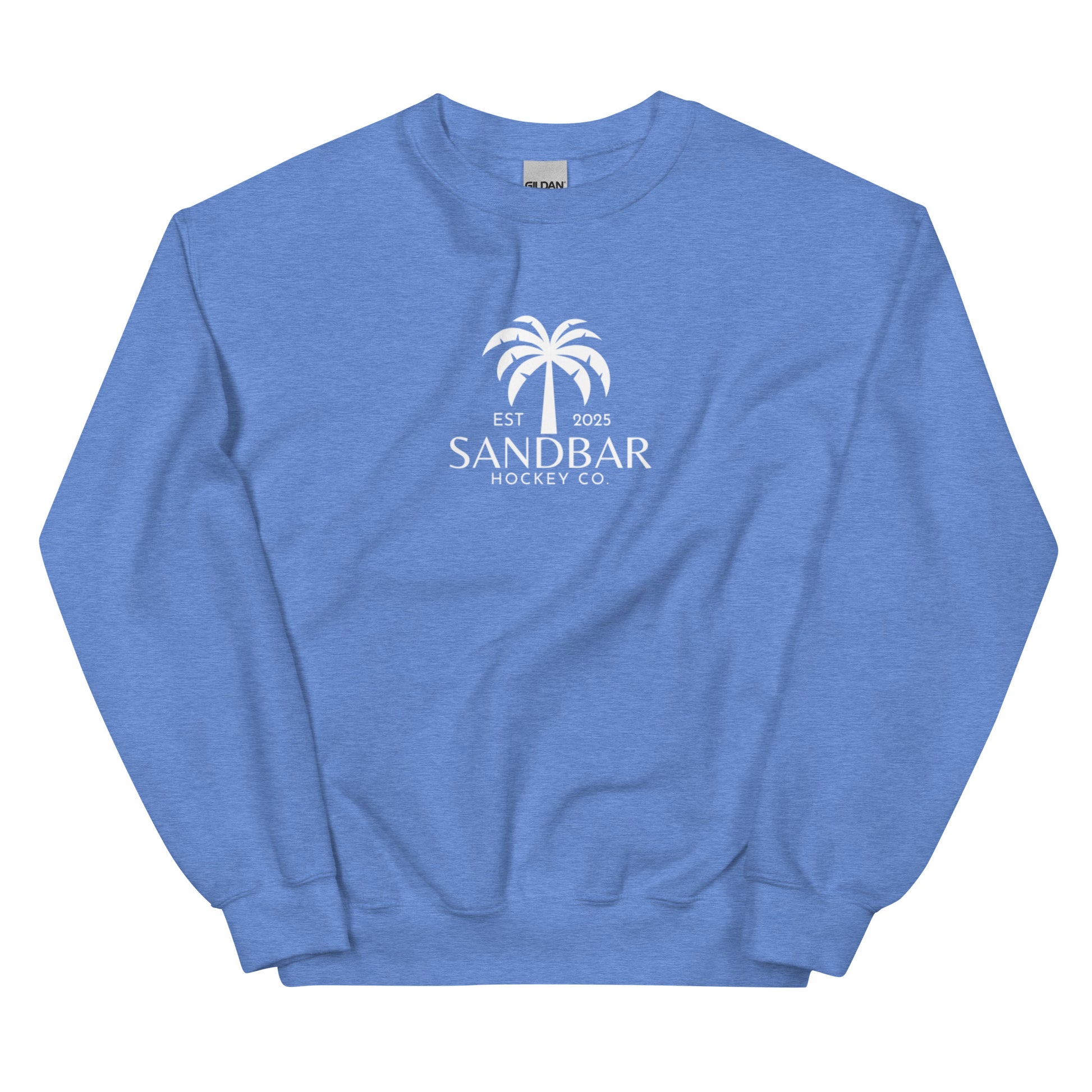 Periwinkle hockey crewneck sweatshirt front side with small palm tree Sandbar Hockey Co. chest logo