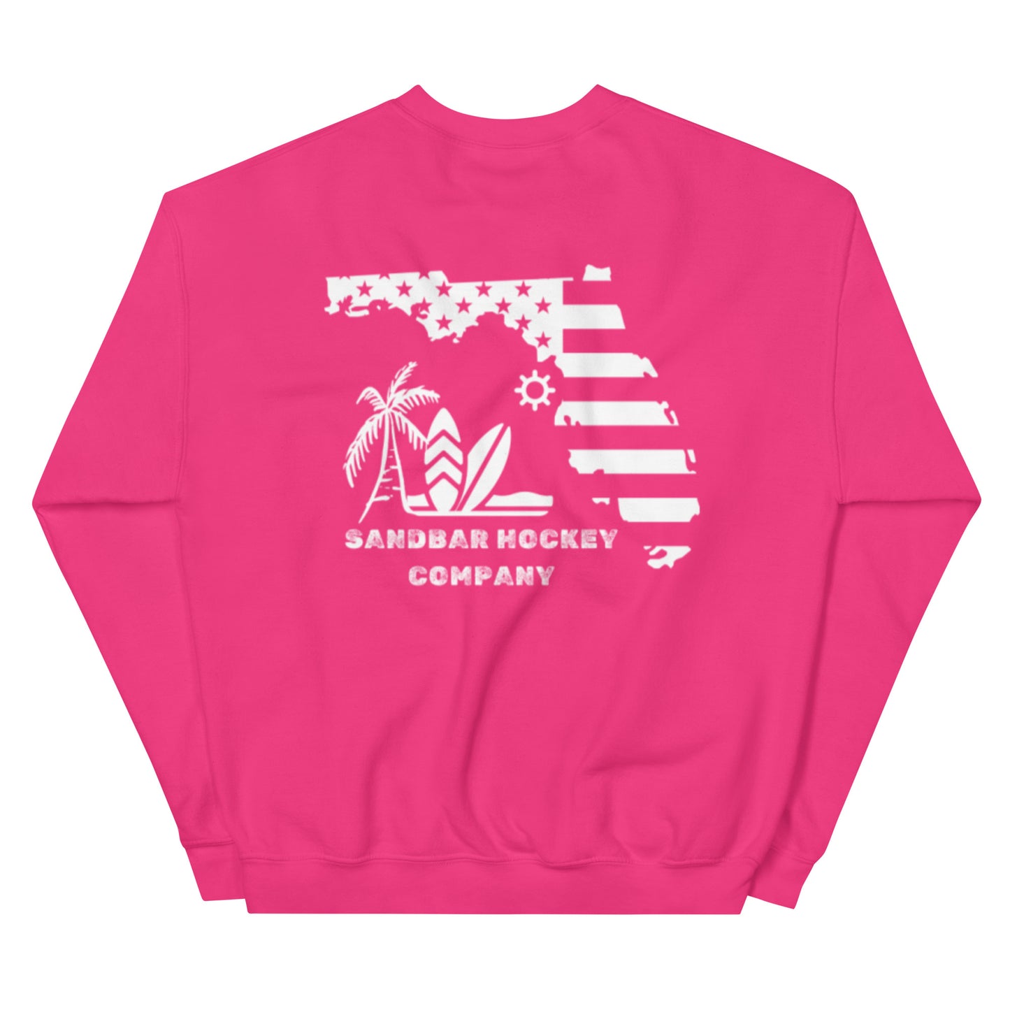 Pink hockey crewneck sweatshirt back side with Florida state flag beach graphic and Sandbar Hockey Company logo