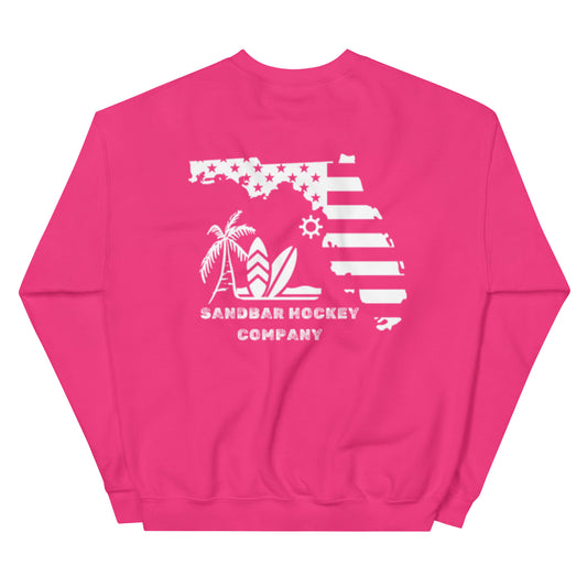 Pink hockey crewneck sweatshirt back side with Florida state flag beach graphic and Sandbar Hockey Company logo