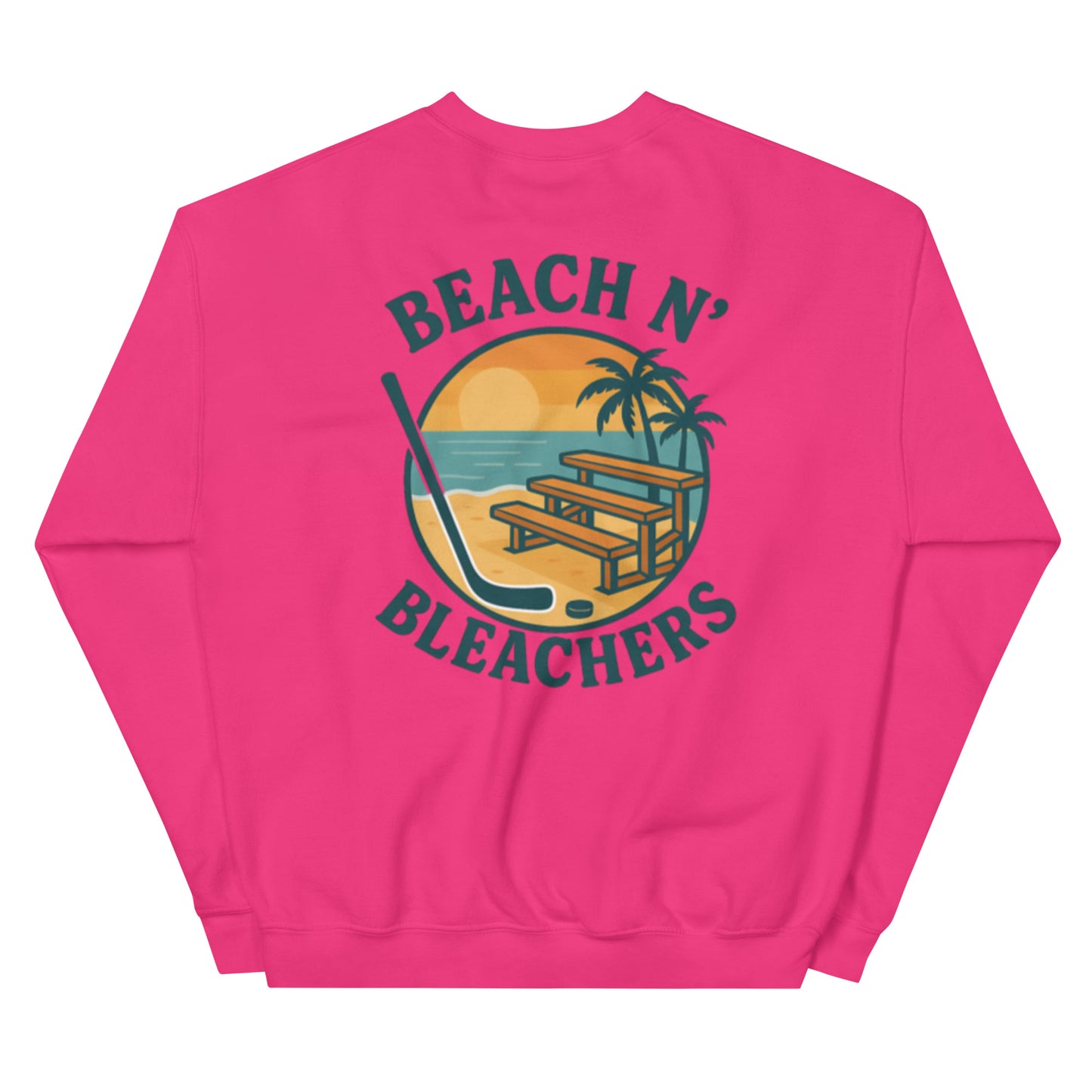 Pink hockey crewneck sweatshirt back side with Beach N' Bleachers beach bleachers graphic