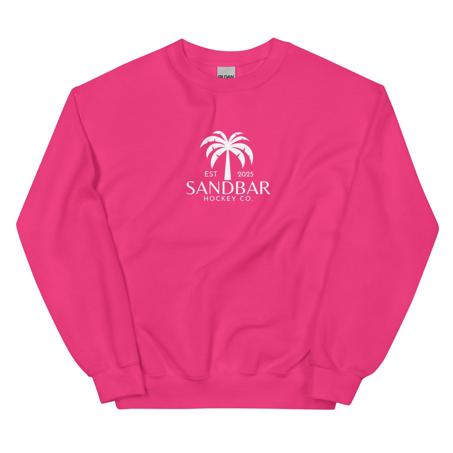 Pink hockey crewneck sweatshirt front side with small palm tree Sandbar Hockey Co. chest logo