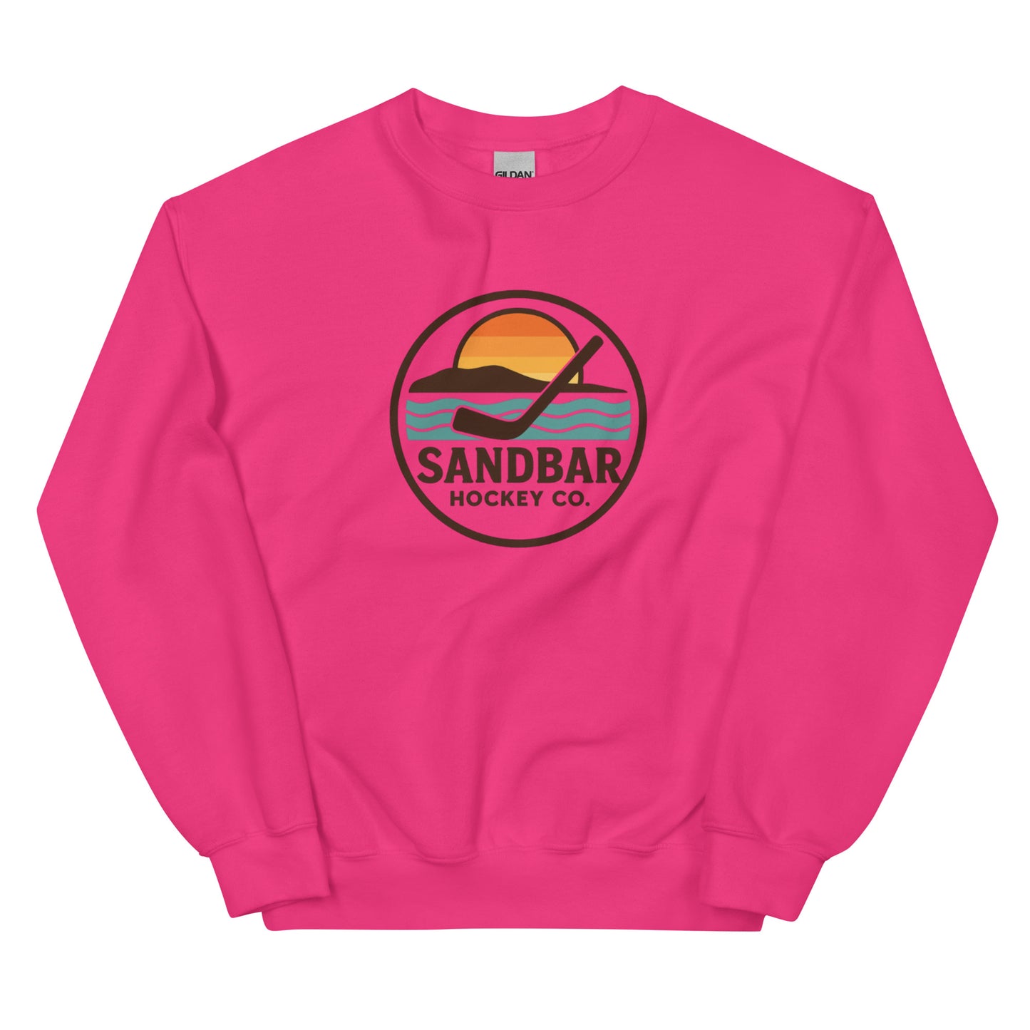 Pink hockey crewneck sweatshirt front side with circular Sandbar Hockey Co. sunset wave logo