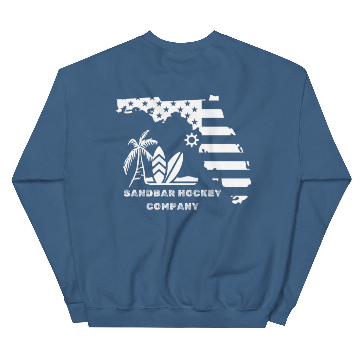 Slate blue hockey crewneck sweatshirt back side with Florida state flag beach graphic and Sandbar Hockey Company logo