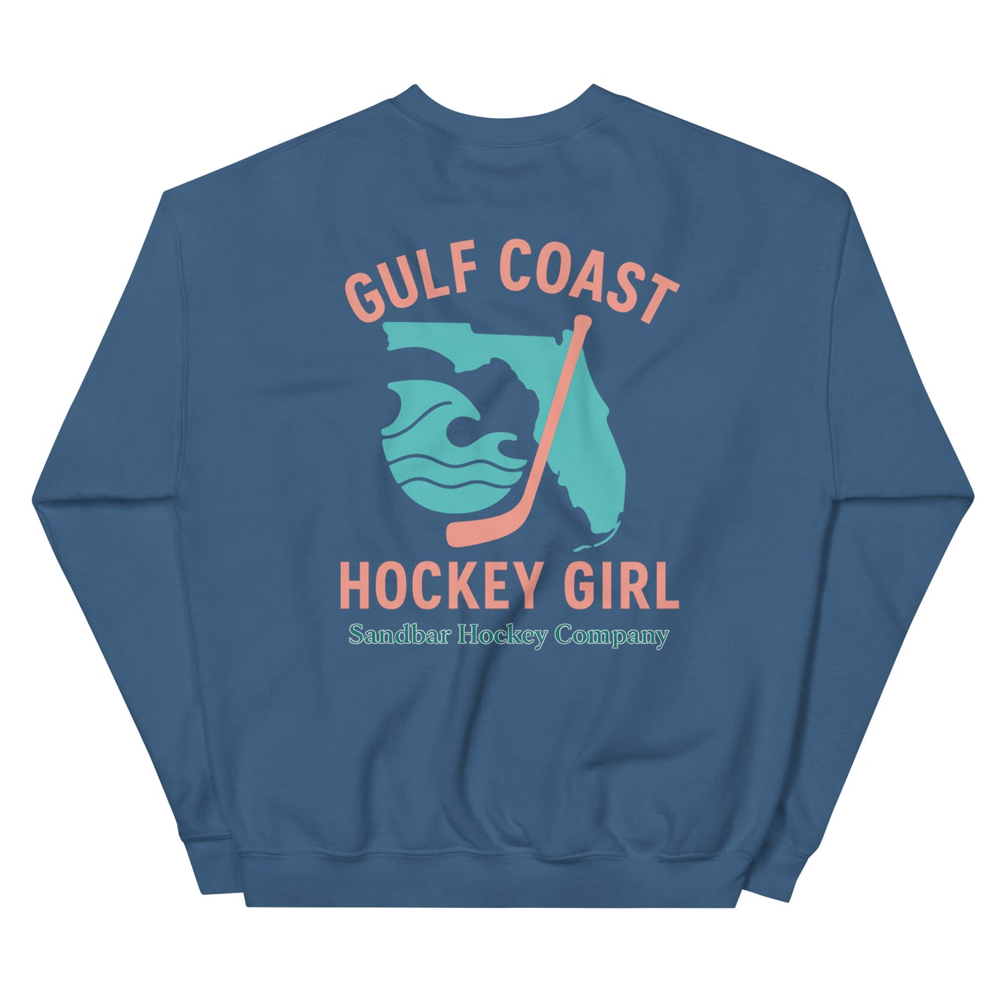 Slate blue hockey crewneck sweatshirt back side with Gulf Coast Hockey Girl Florida graphic and Sandbar Hockey Company logo