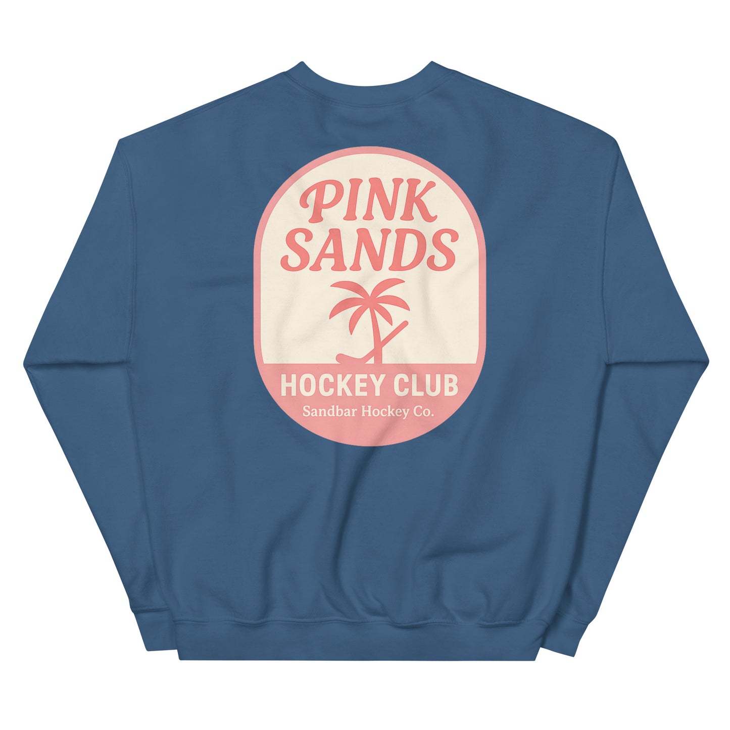 Blue hockey crewneck sweatshirt back side with Pink Sands Hockey Club graphic and Sandbar Hockey Co. logo