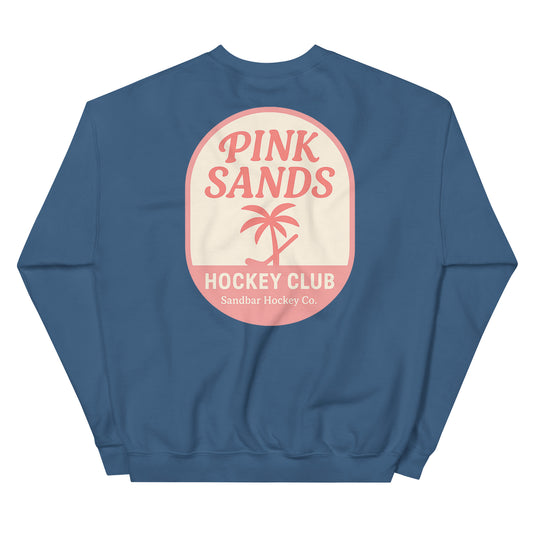 Blue hockey crewneck sweatshirt back side with Pink Sands Hockey Club graphic and Sandbar Hockey Co. logo
