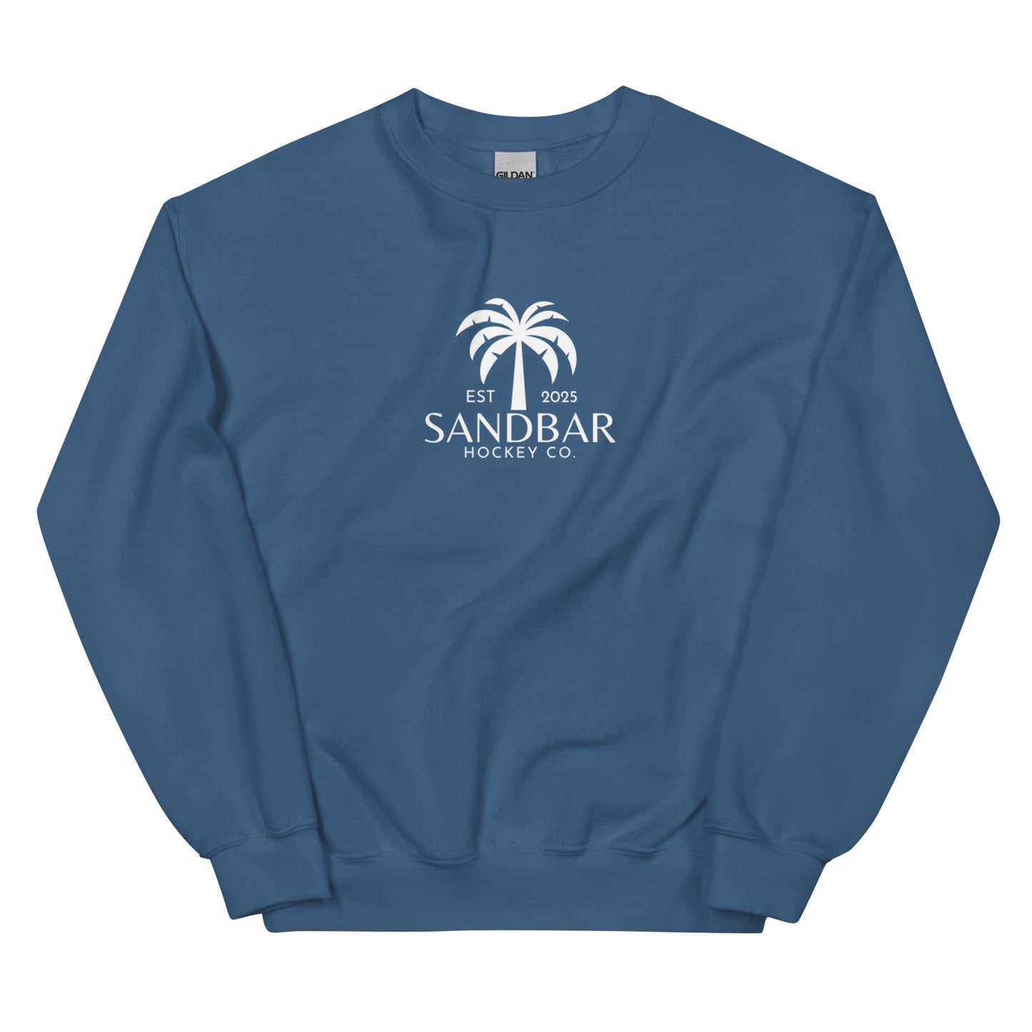 Slate blue hockey crewneck sweatshirt front side with small palm tree Sandbar Hockey Co. chest logo