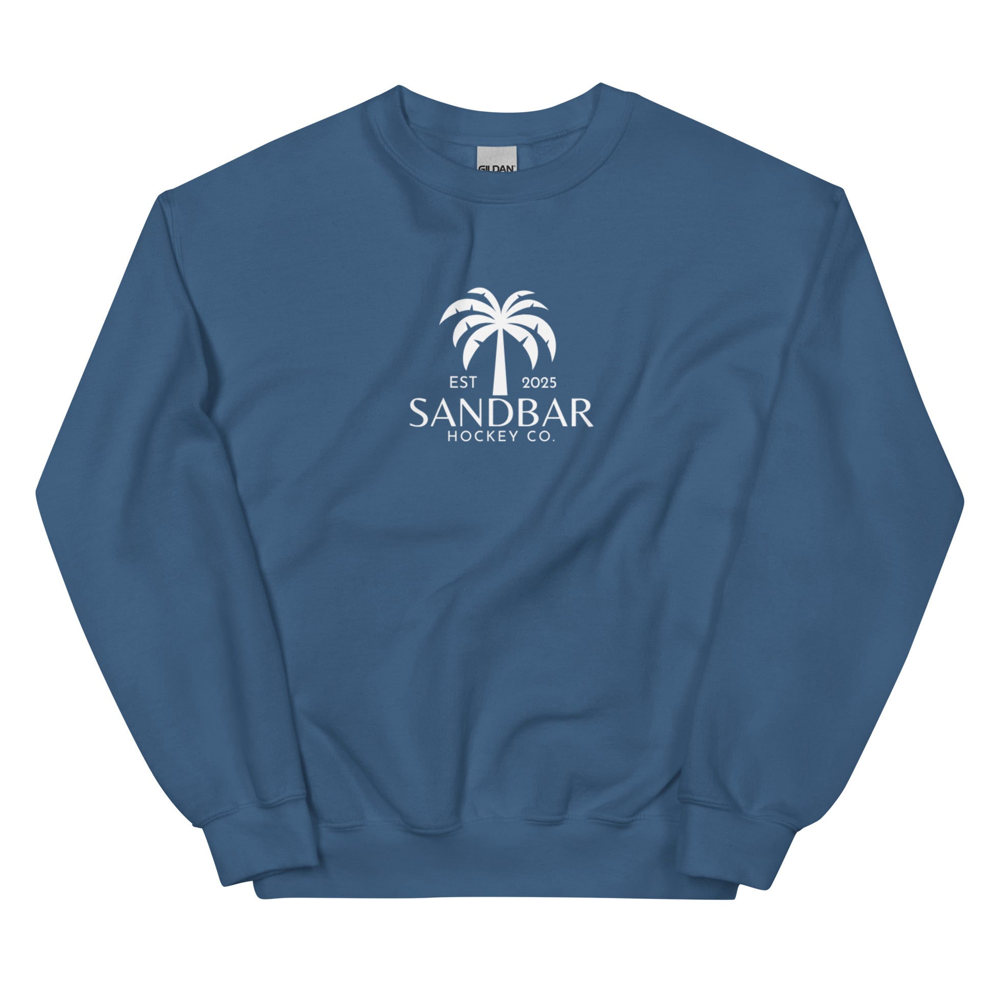 Slate blue hockey crewneck sweatshirt front side with small palm tree Sandbar Hockey Co. chest logo