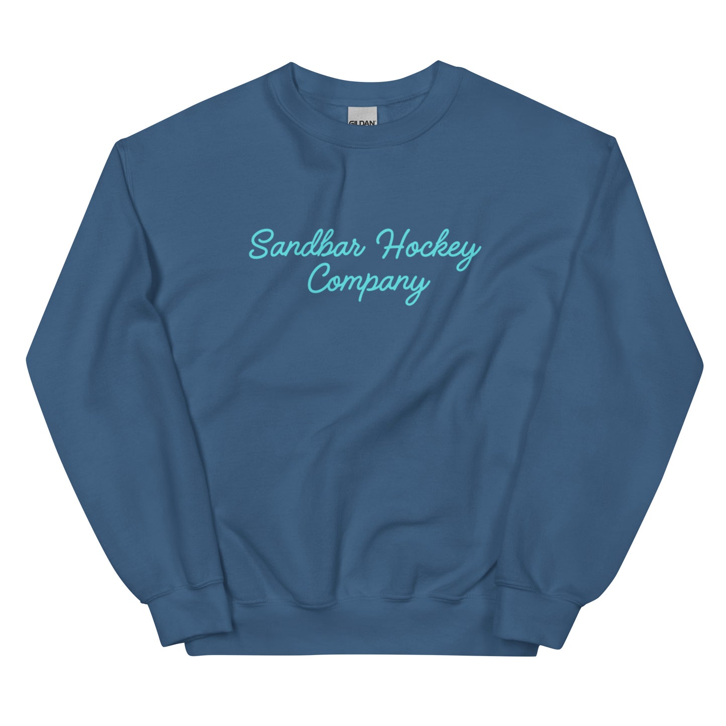 Slate blue hockey crewneck sweatshirt front side with turquoise Sandbar Hockey Company cursive logo