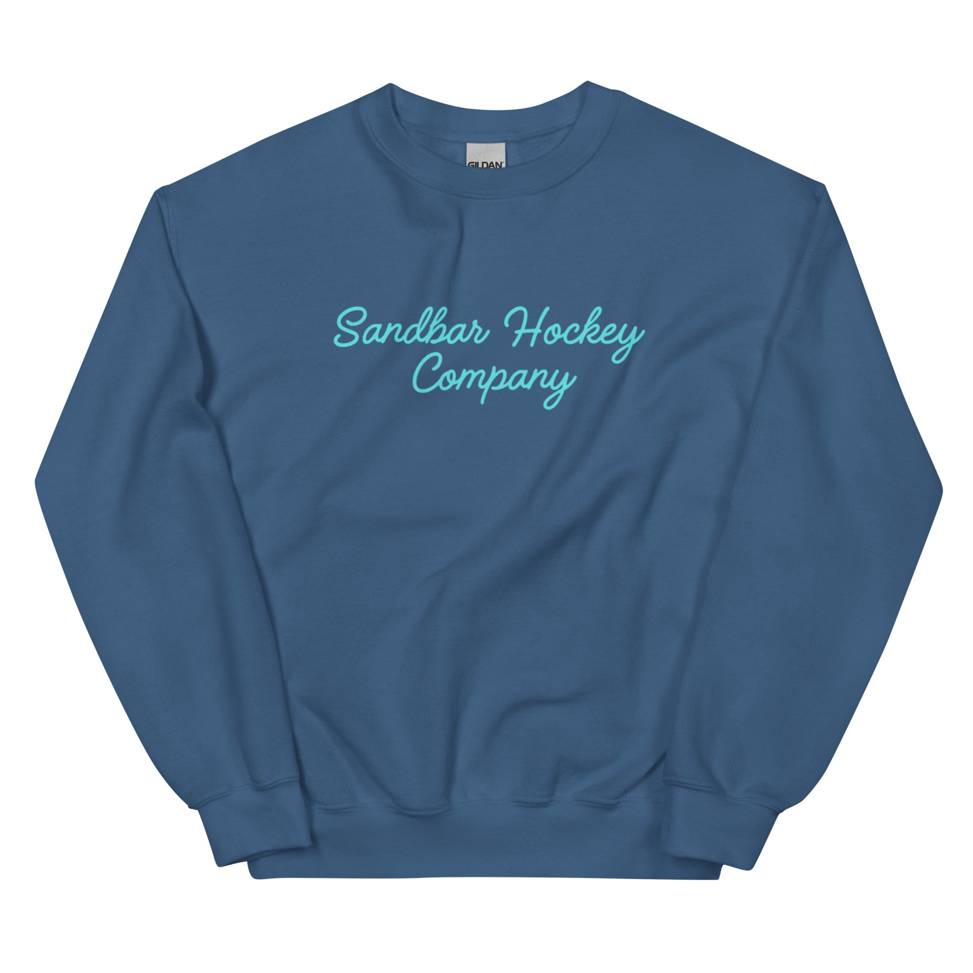 Slate blue hockey crewneck sweatshirt front side with turquoise Sandbar Hockey Company cursive logo