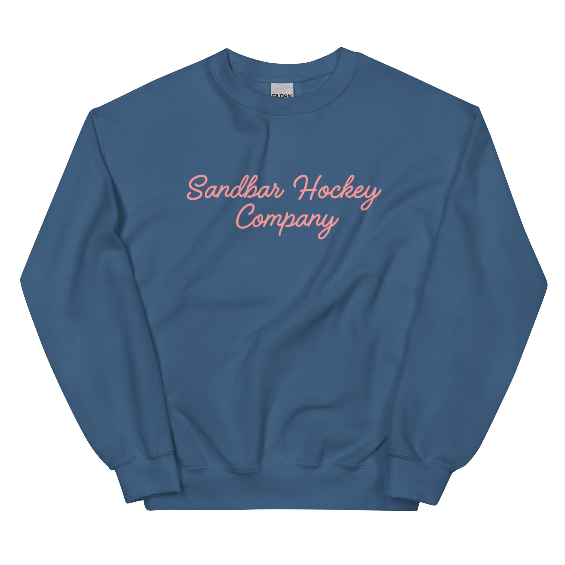 Blue hockey crewneck front side with pink Sandbar Hockey Company cursive logo