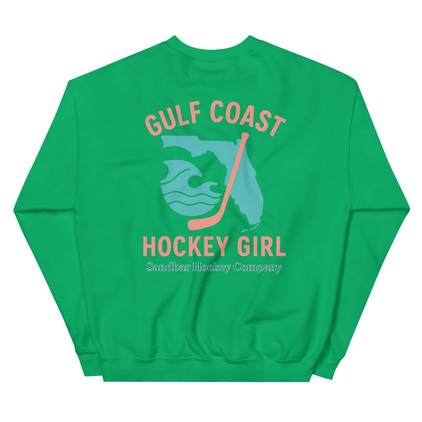 Irish green hockey crewneck sweatshirt back side with Gulf Coast Hockey Girl Florida graphic and Sandbar Hockey Company logo
