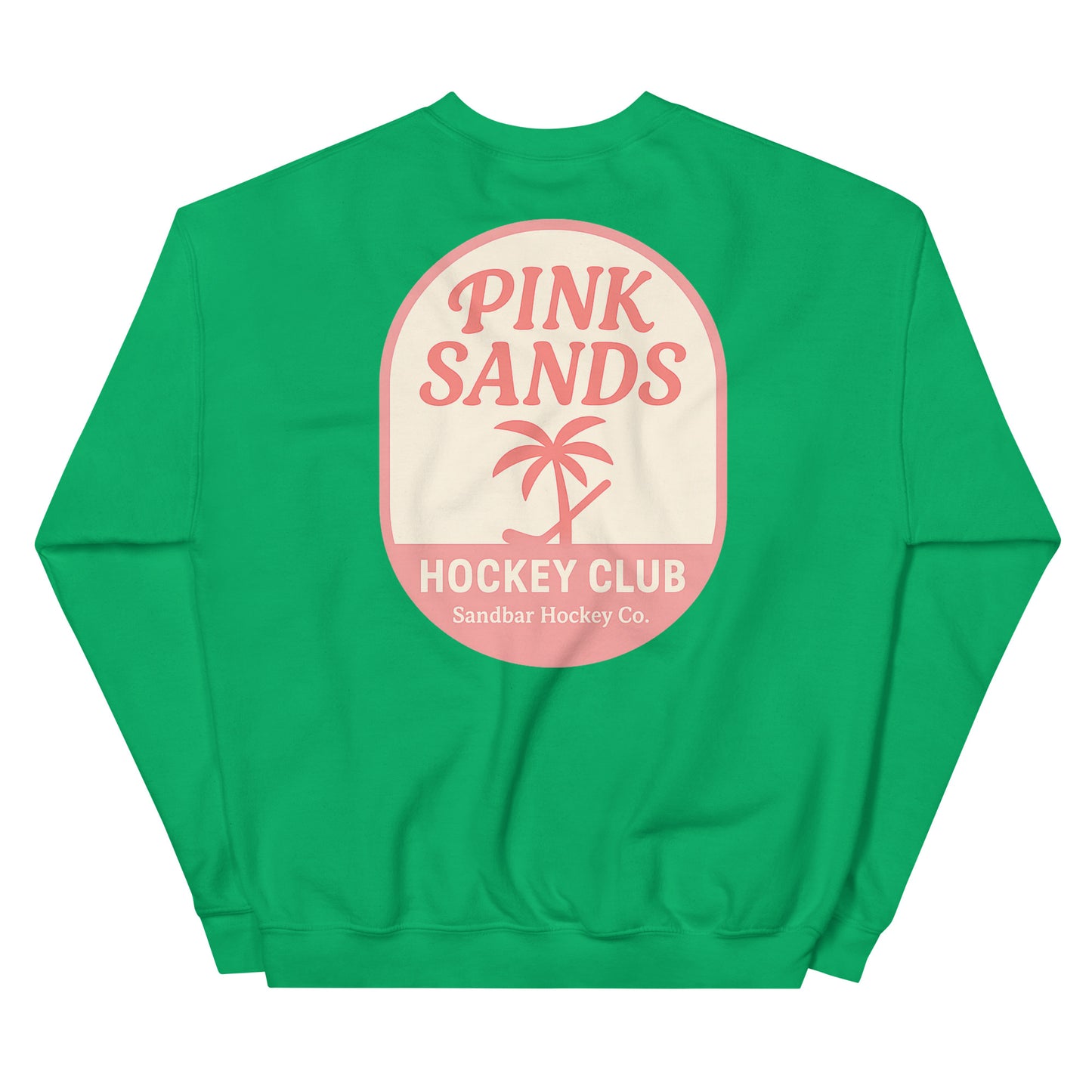 Irish green hockey crewneck back side with Pink Sands Hockey Club graphic and Sandbar Hockey Co. logo