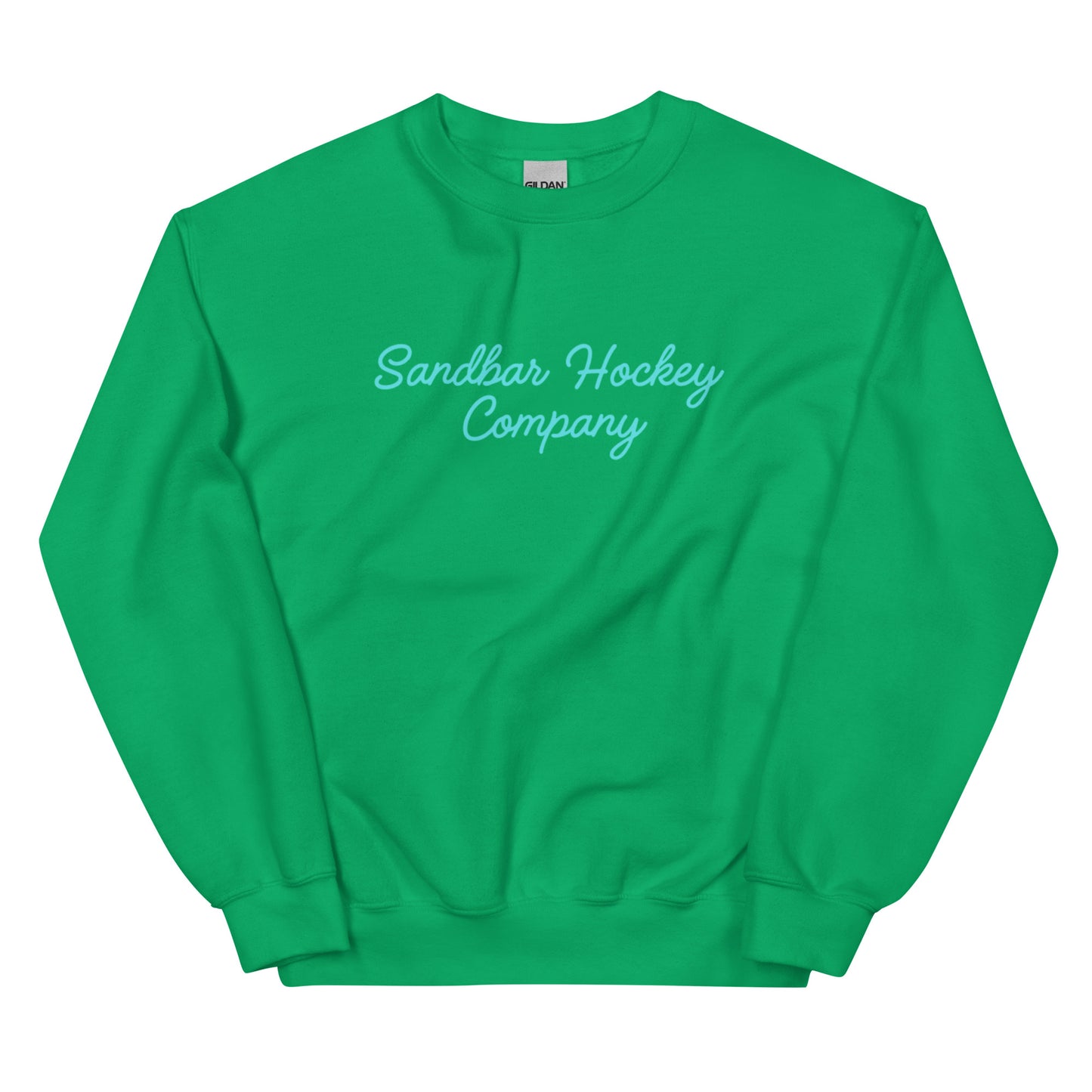 Irish green hockey crewneck sweatshirt front side with turquoise Sandbar Hockey Company cursive logo