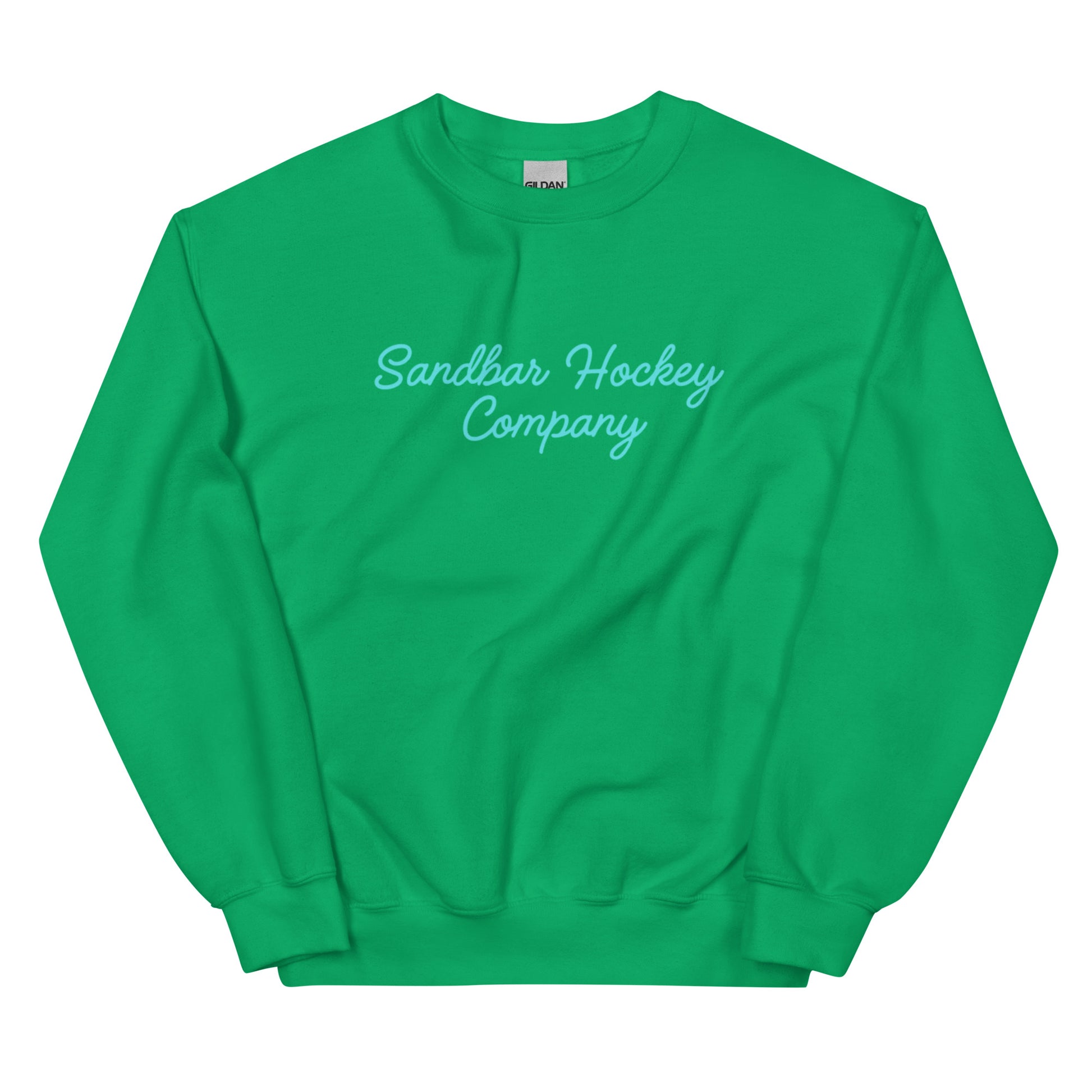 Irish green hockey crewneck sweatshirt front side with turquoise Sandbar Hockey Company cursive logo