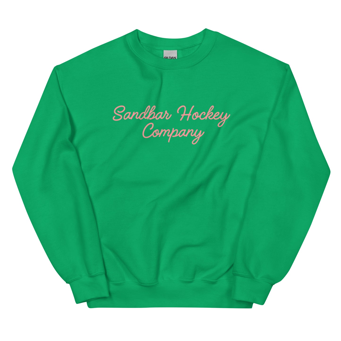 Irish green hockey crewneck front side with pink Sandbar Hockey Company cursive logo