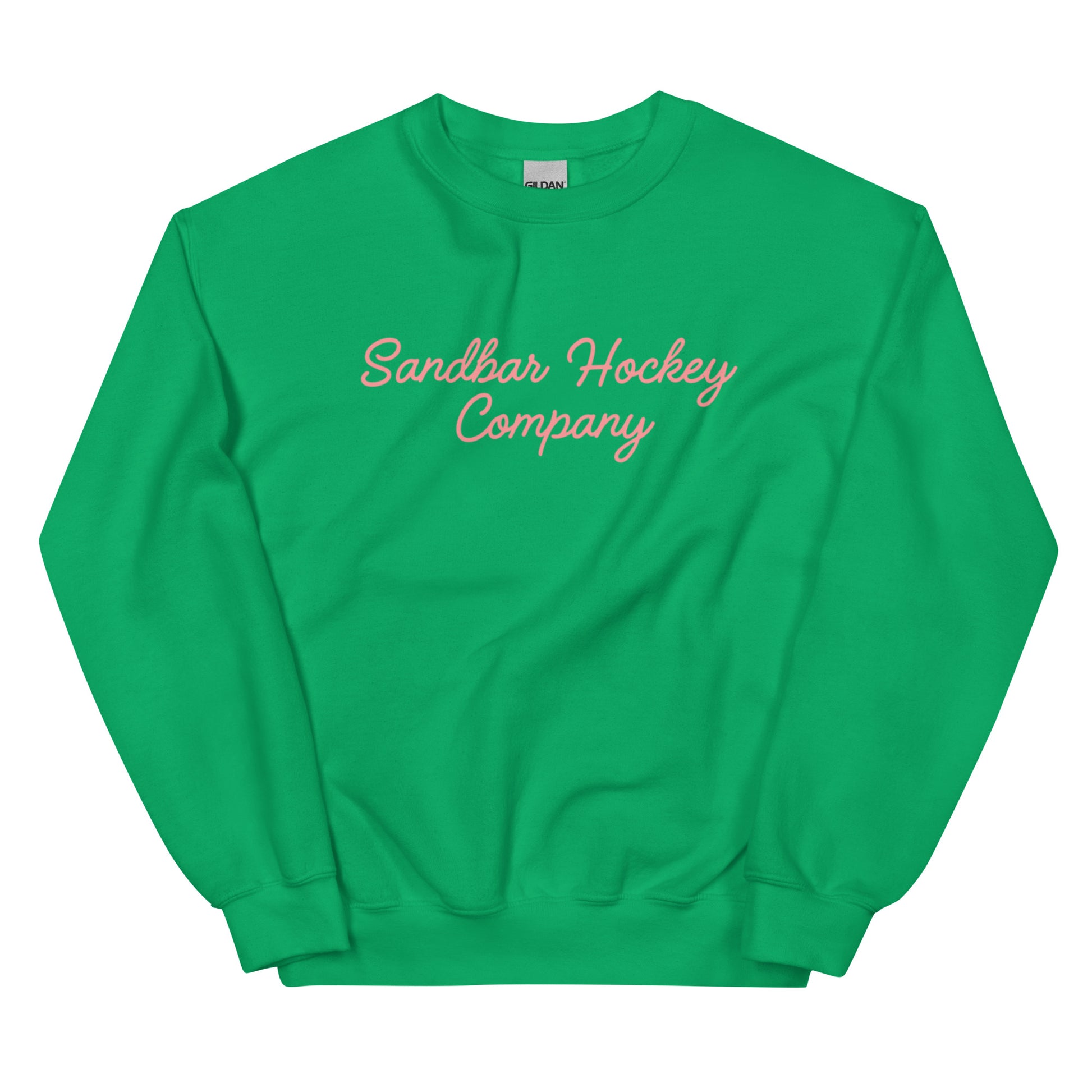 Irish green hockey crewneck front side with pink Sandbar Hockey Company cursive logo