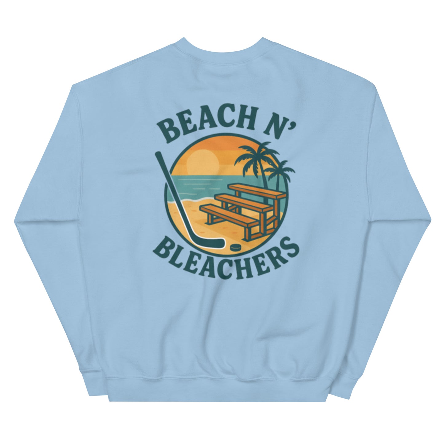 Light blue hockey crewneck sweatshirt back side with Beach N' Bleachers beach bleachers graphic