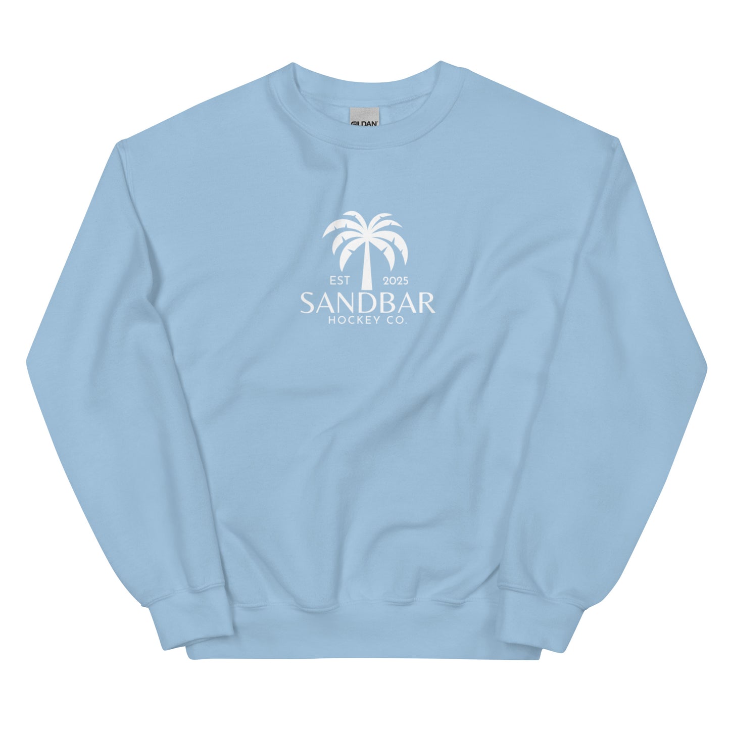 Light blue hockey crewneck sweatshirt front side with small palm tree Sandbar Hockey Co. chest logo