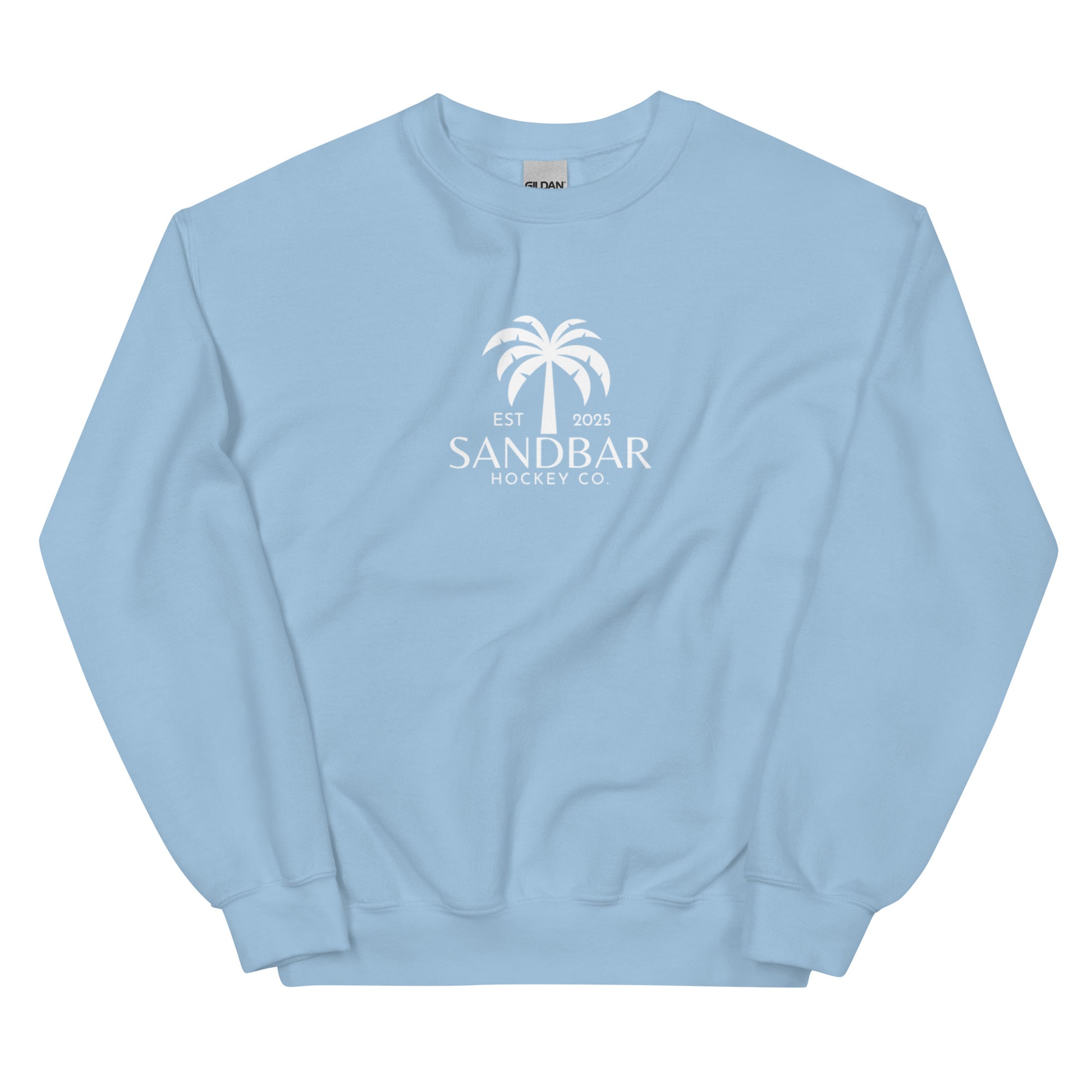 Light blue hockey crewneck sweatshirt front side with small palm tree Sandbar Hockey Co. chest logo