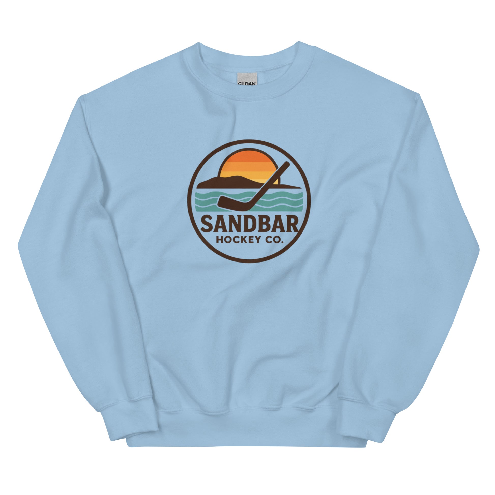 Light blue hockey crewneck sweatshirt front side with circular Sandbar Hockey Co. sunset wave logo