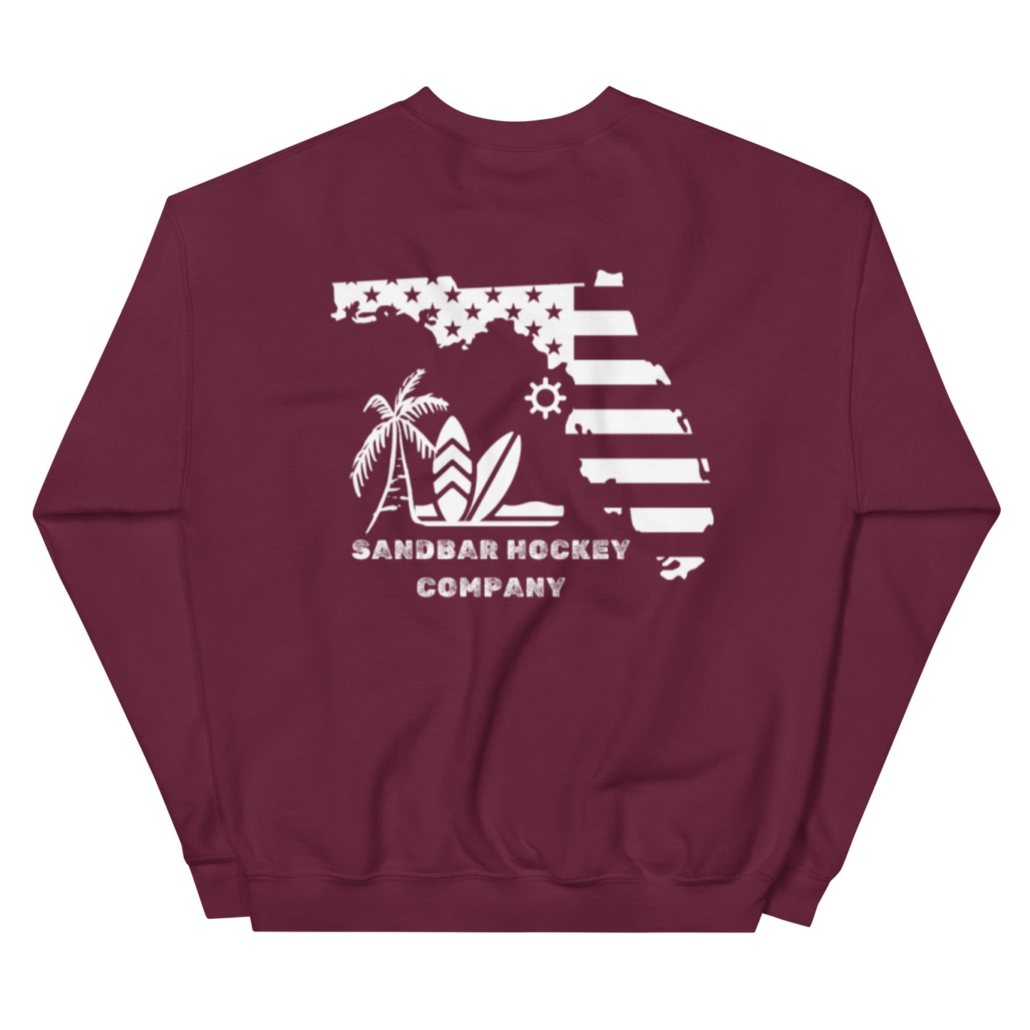 Maroon hockey crewneck sweatshirt back side with Florida state flag beach graphic and Sandbar Hockey Company logo