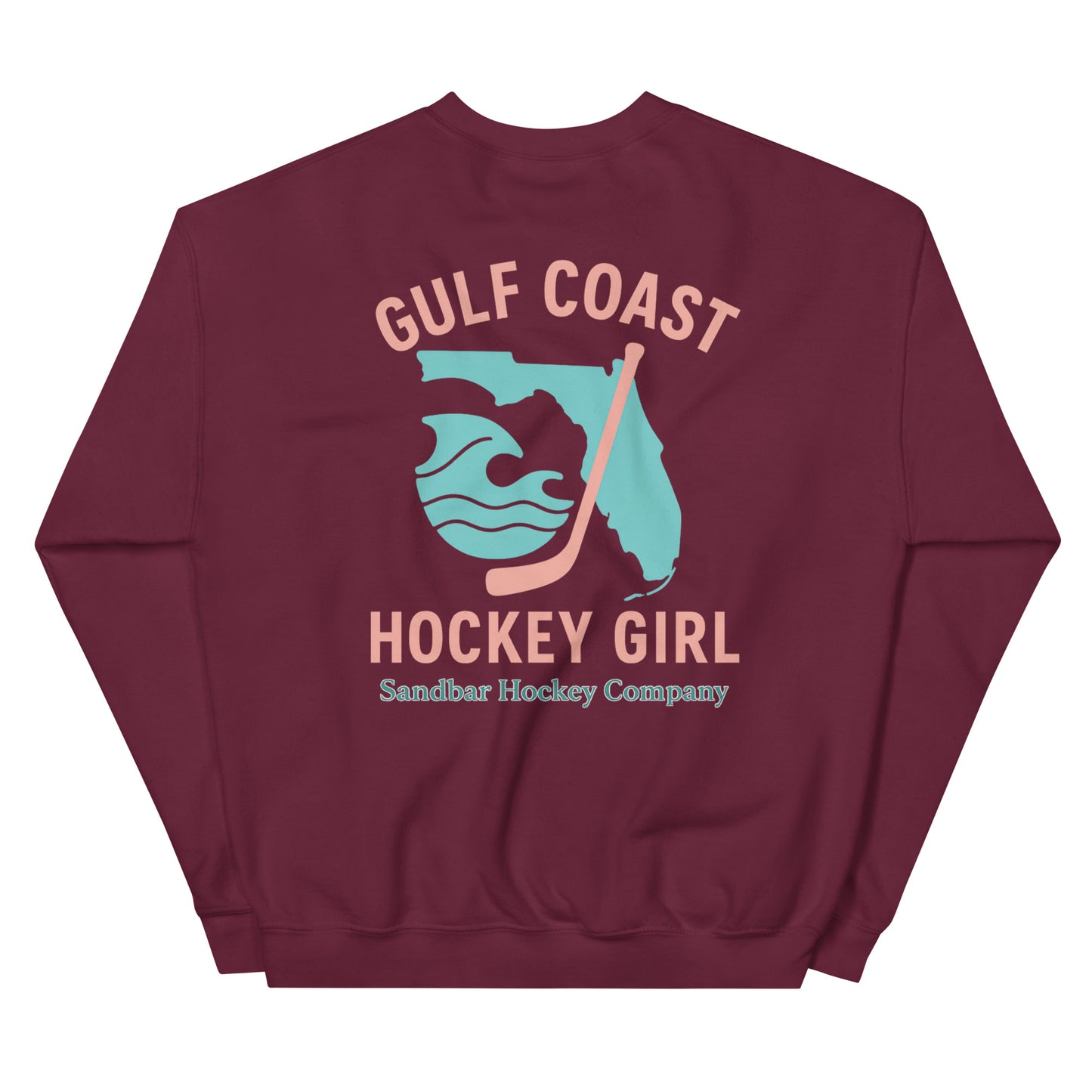 Maroon hockey crewneck sweatshirt back side with Gulf Coast Hockey Girl Florida graphic and Sandbar Hockey Company logo