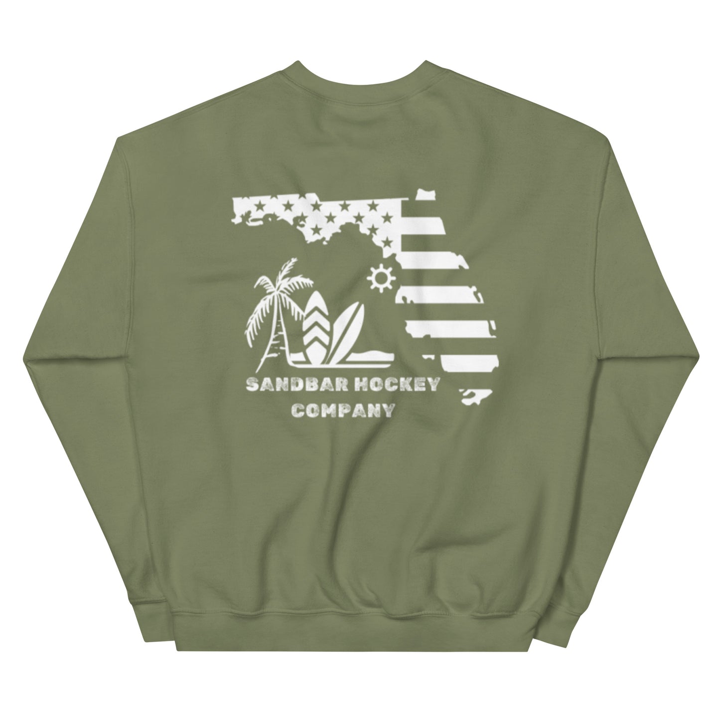 Military green hockey crewneck sweatshirt back side with Florida state flag beach graphic and Sandbar Hockey Company logo
