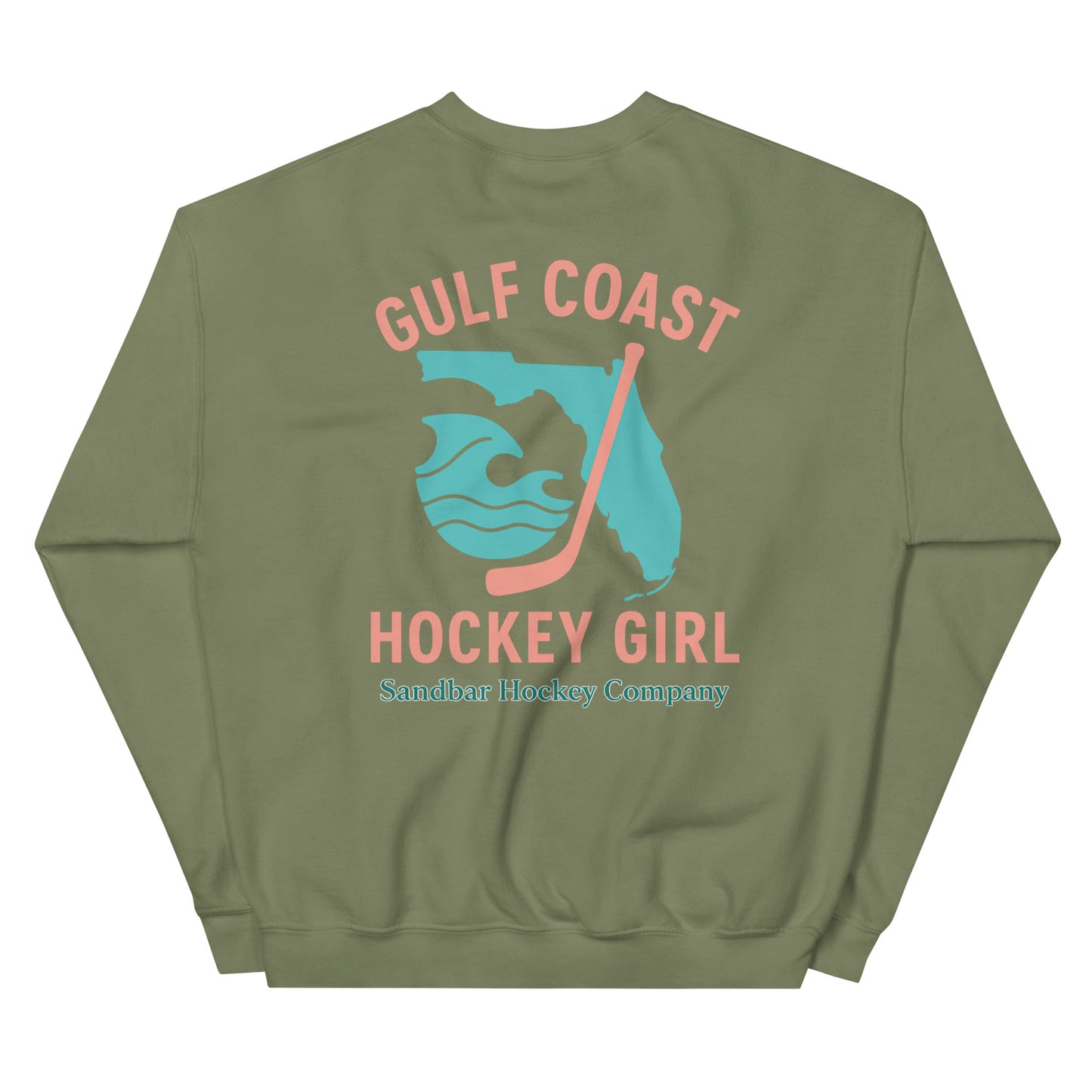 Military green hockey crewneck sweatshirt back side with Gulf Coast Hockey Girl Florida graphic and Sandbar Hockey Company logo