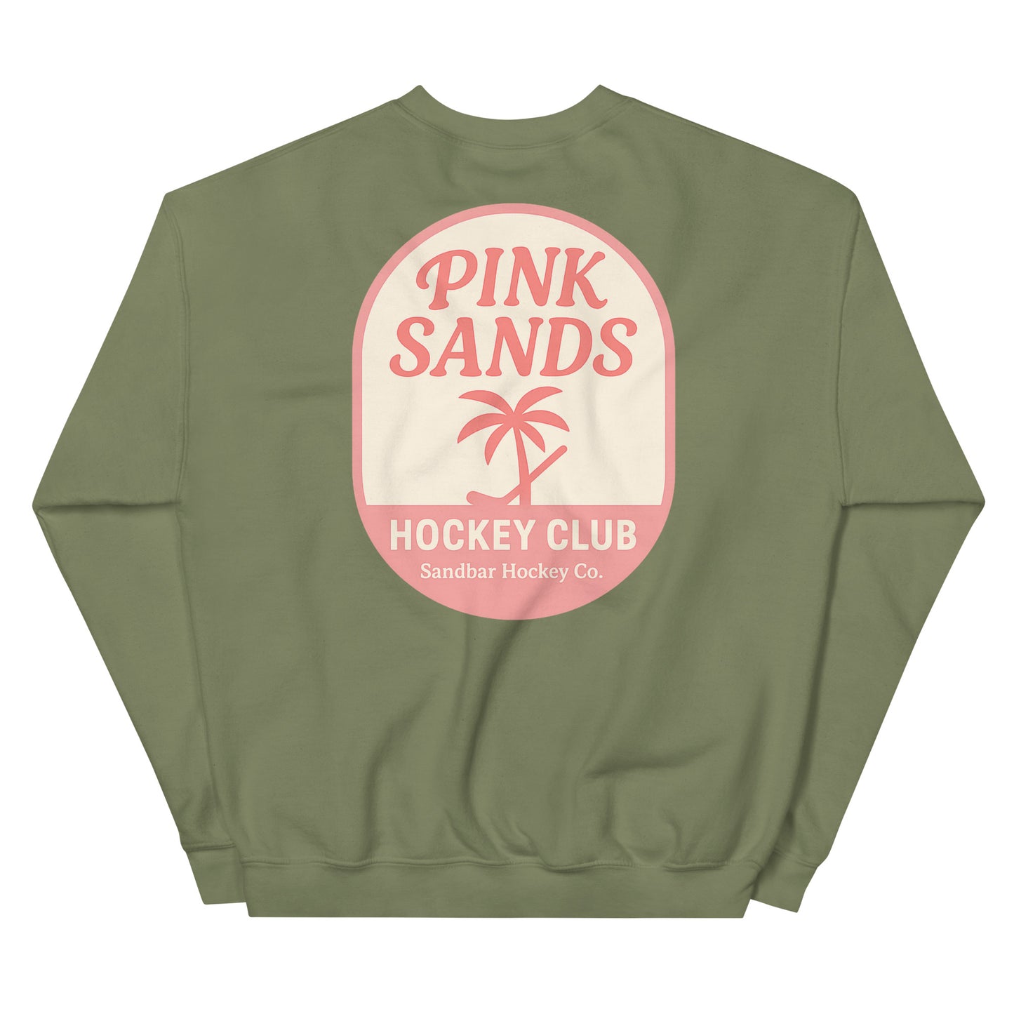 Military green hockey crewneck back side with Pink Sands Hockey Club graphic and Sandbar Hockey Co. logo