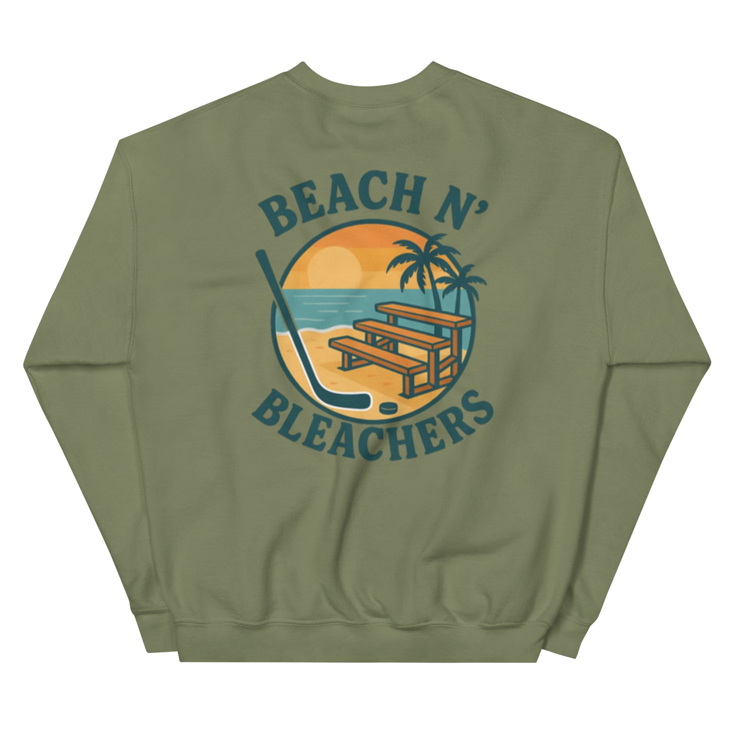 Military green hockey crewneck sweatshirt back side with Beach N' Bleachers beach bleachers graphic