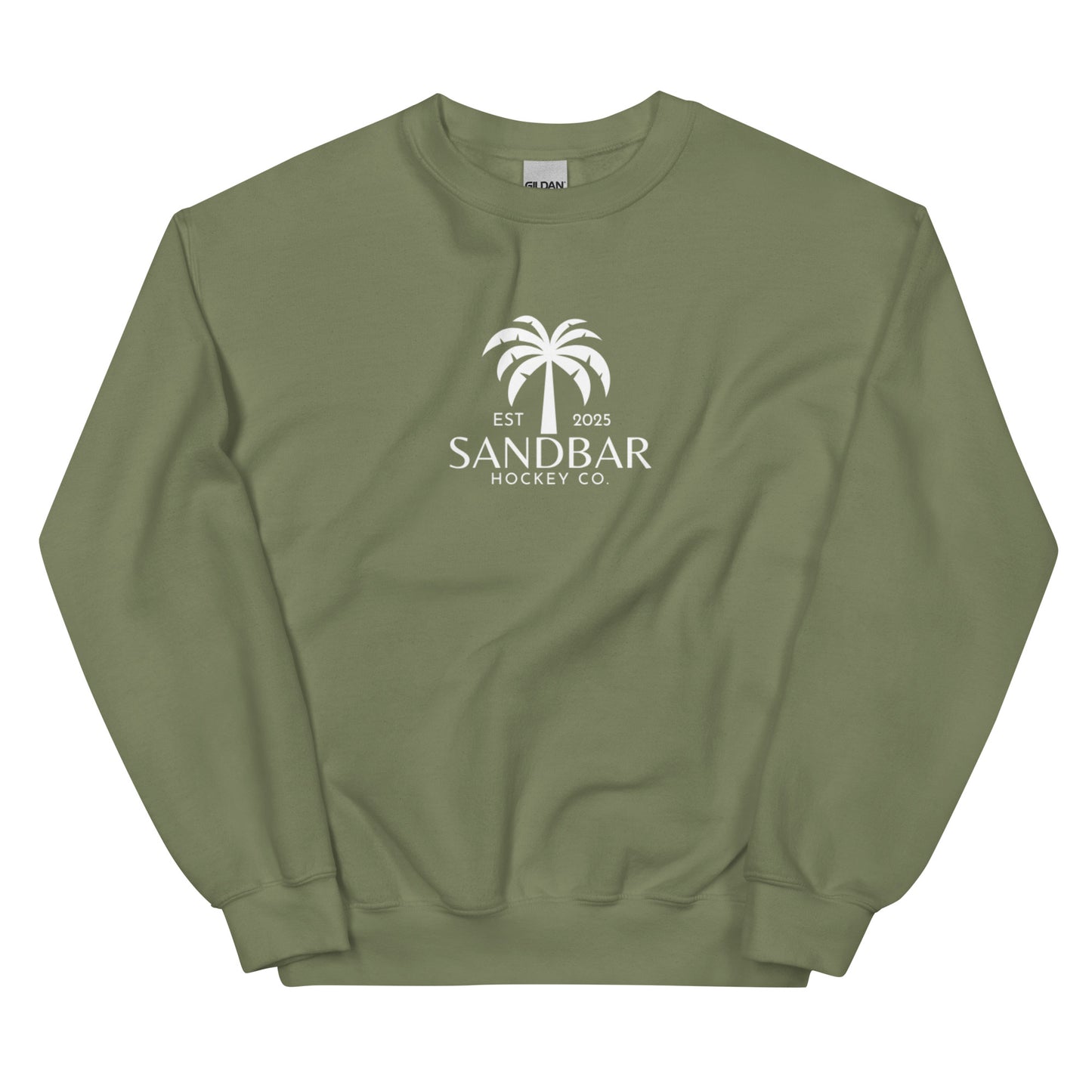 Military green hockey crewneck sweatshirt front side with small palm tree Sandbar Hockey Co. chest logo