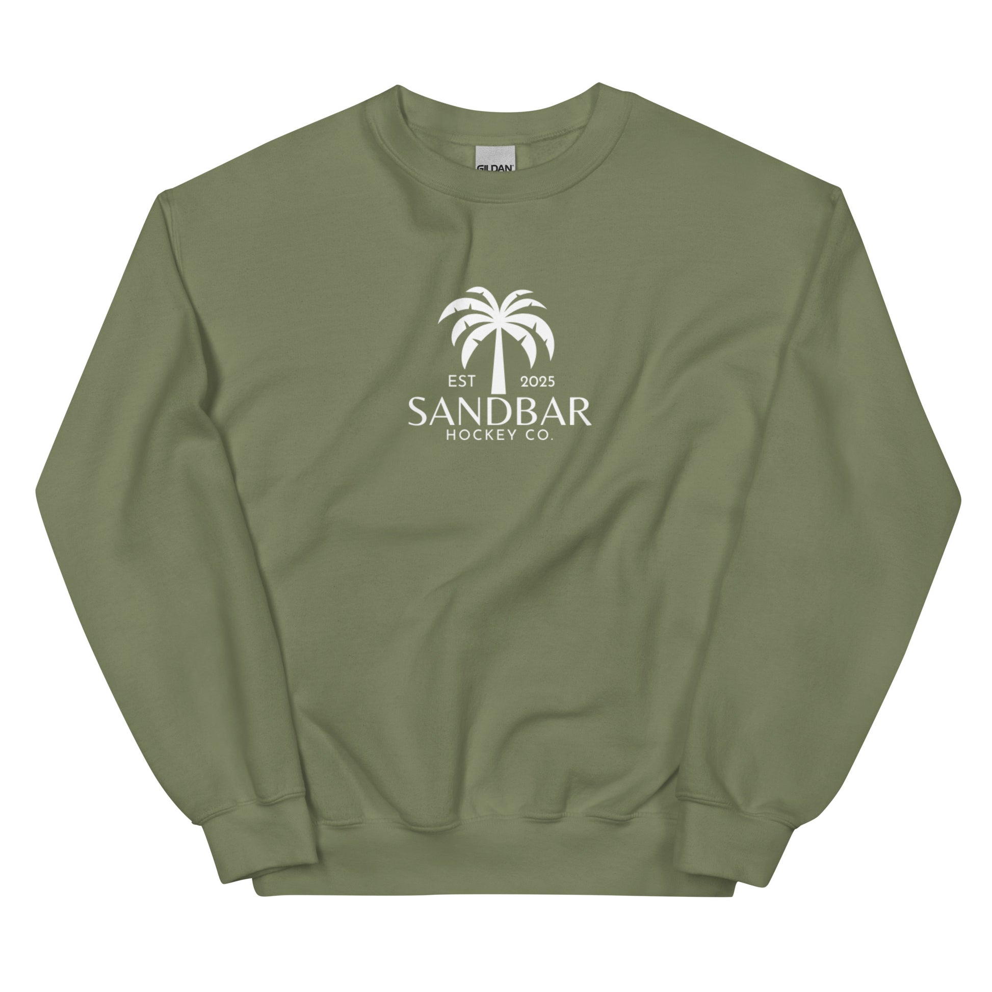 Military green hockey crewneck sweatshirt front side with small palm tree Sandbar Hockey Co. chest logo