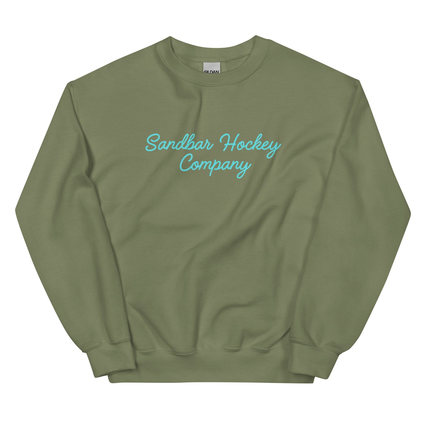 Military green hockey crewneck sweatshirt front side with turquoise Sandbar Hockey Company cursive logo