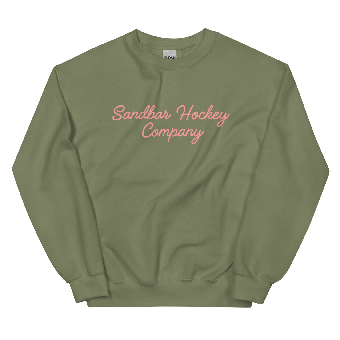 Military green hockey crewneck front side with pink Sandbar Hockey Company cursive logo