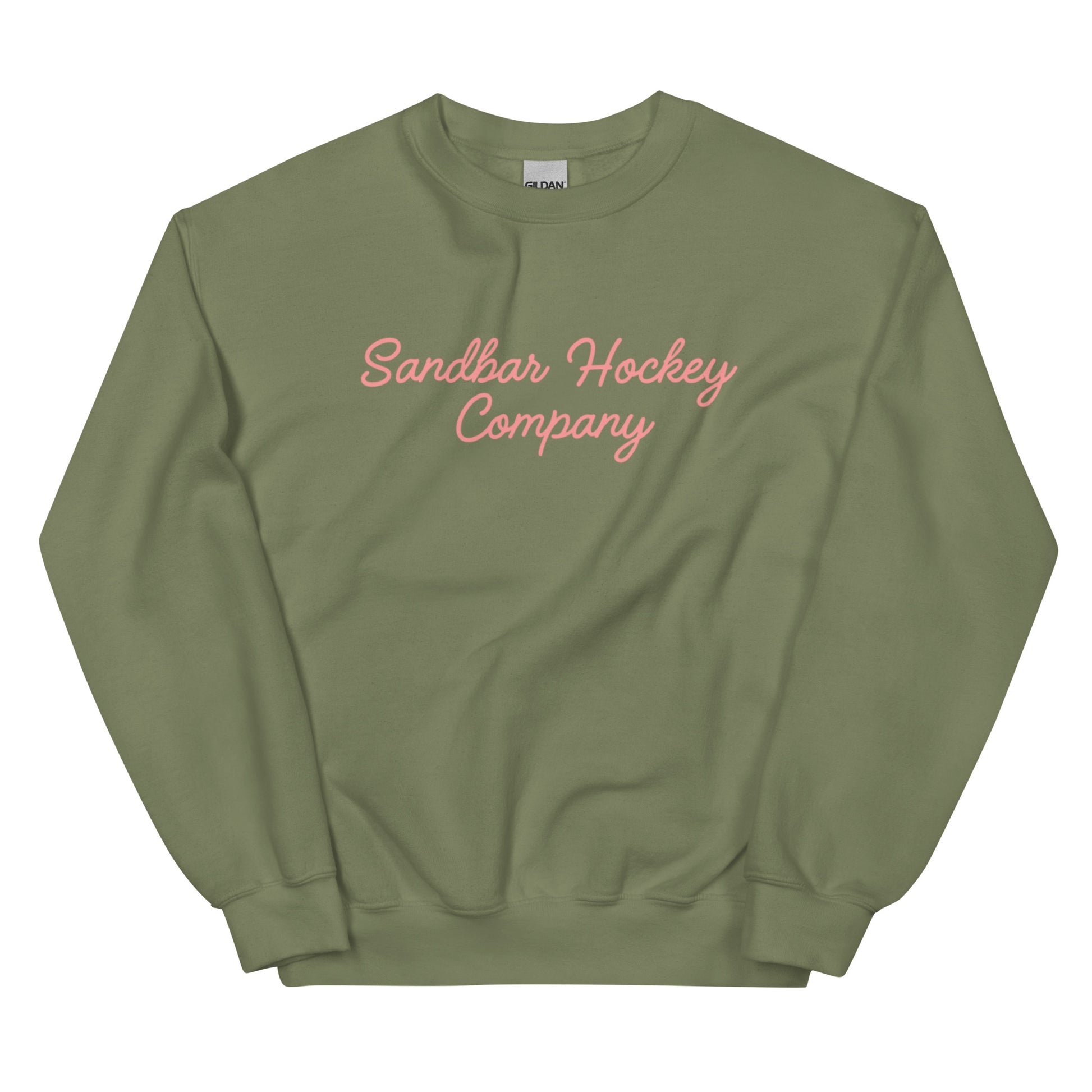 Military green hockey crewneck front side with pink Sandbar Hockey Company cursive logo