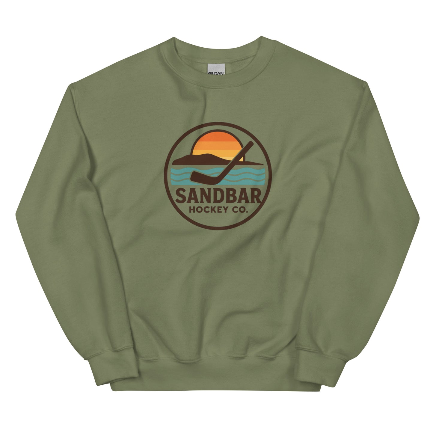 Military green hockey crewneck sweatshirt front side with circular Sandbar Hockey Co. sunset wave logo