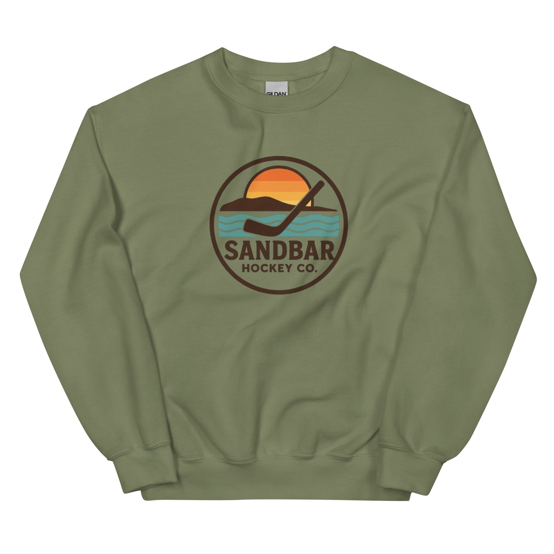 Military green hockey crewneck sweatshirt front side with circular Sandbar Hockey Co. sunset wave logo