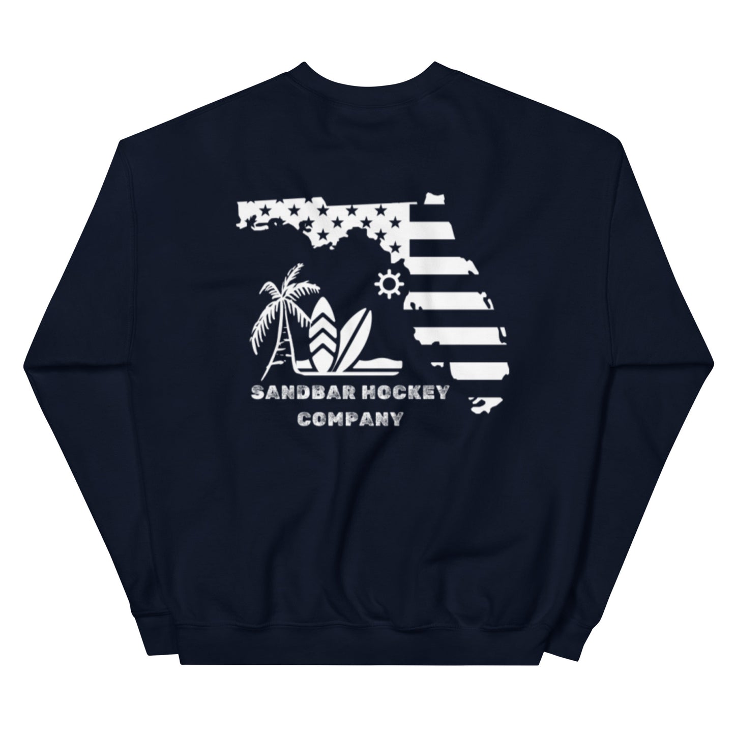 Navy hockey crewneck sweatshirt back side with Florida state flag beach graphic and Sandbar Hockey Company logo