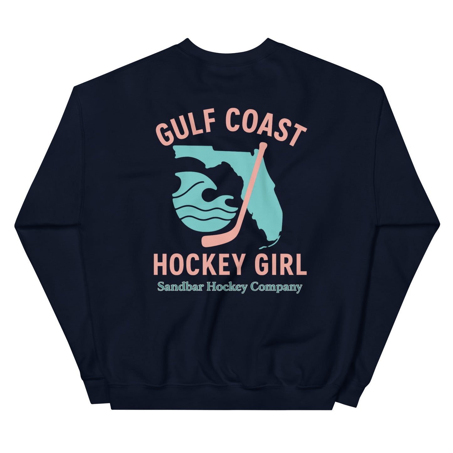 Navy hockey crewneck sweatshirt back side with Gulf Coast Hockey Girl Florida graphic and Sandbar Hockey Company logo