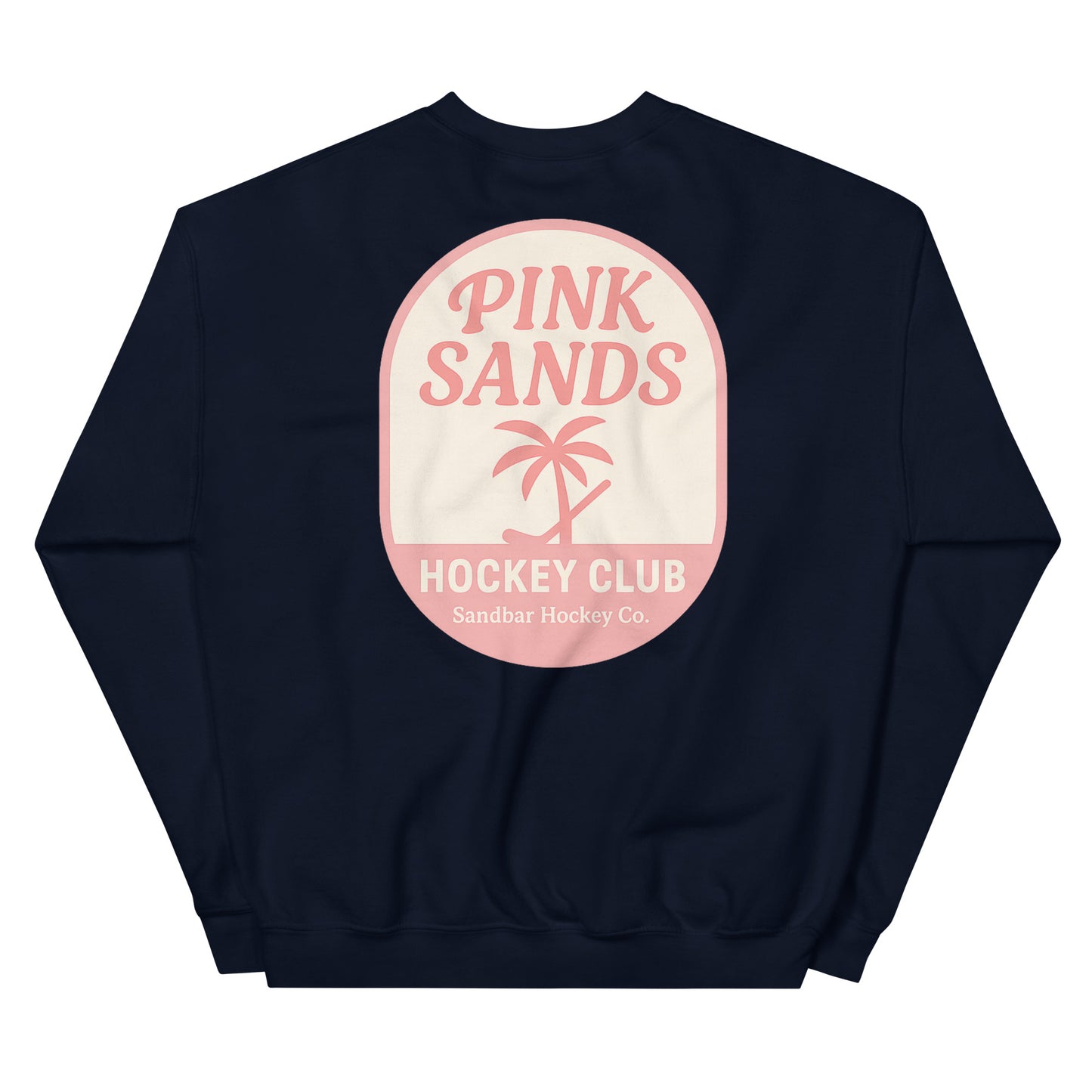 Navy Blue hockey crewneck back side with Pink Sands Hockey Club graphic and Sandbar Hockey Co. logo