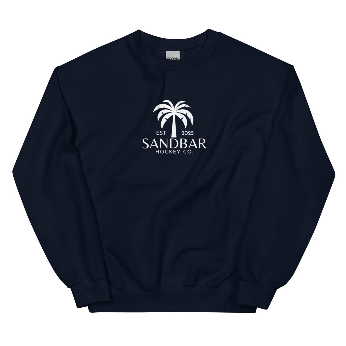 Navy hockey crewneck sweatshirt front side with small palm tree Sandbar Hockey Co. chest logo