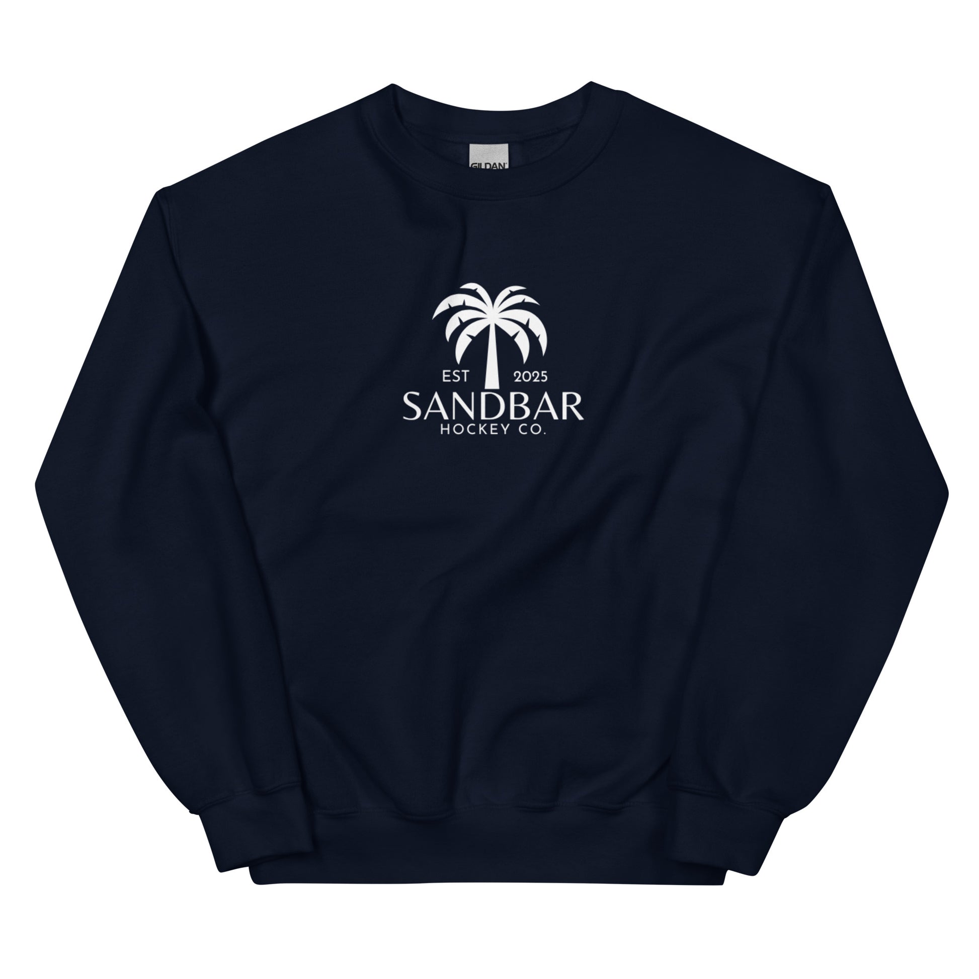 Navy hockey crewneck sweatshirt front side with small palm tree Sandbar Hockey Co. chest logo