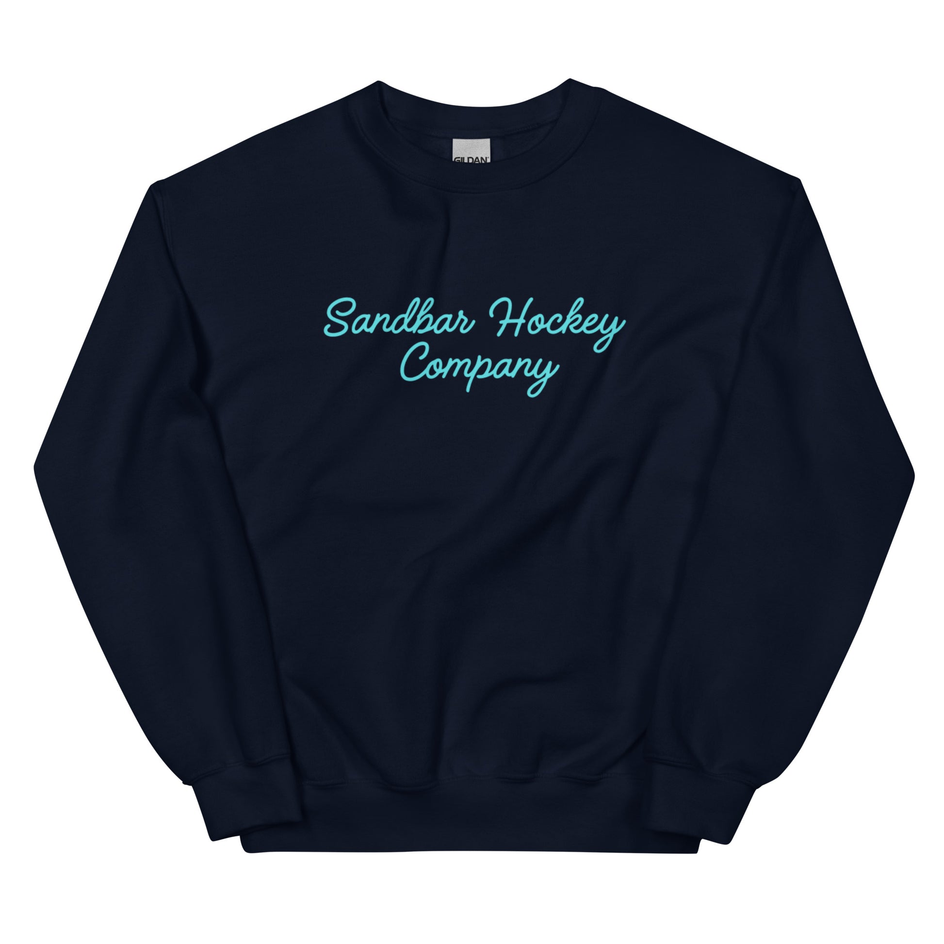 Navy hockey crewneck sweatshirt front side with turquoise Sandbar Hockey Company cursive logo