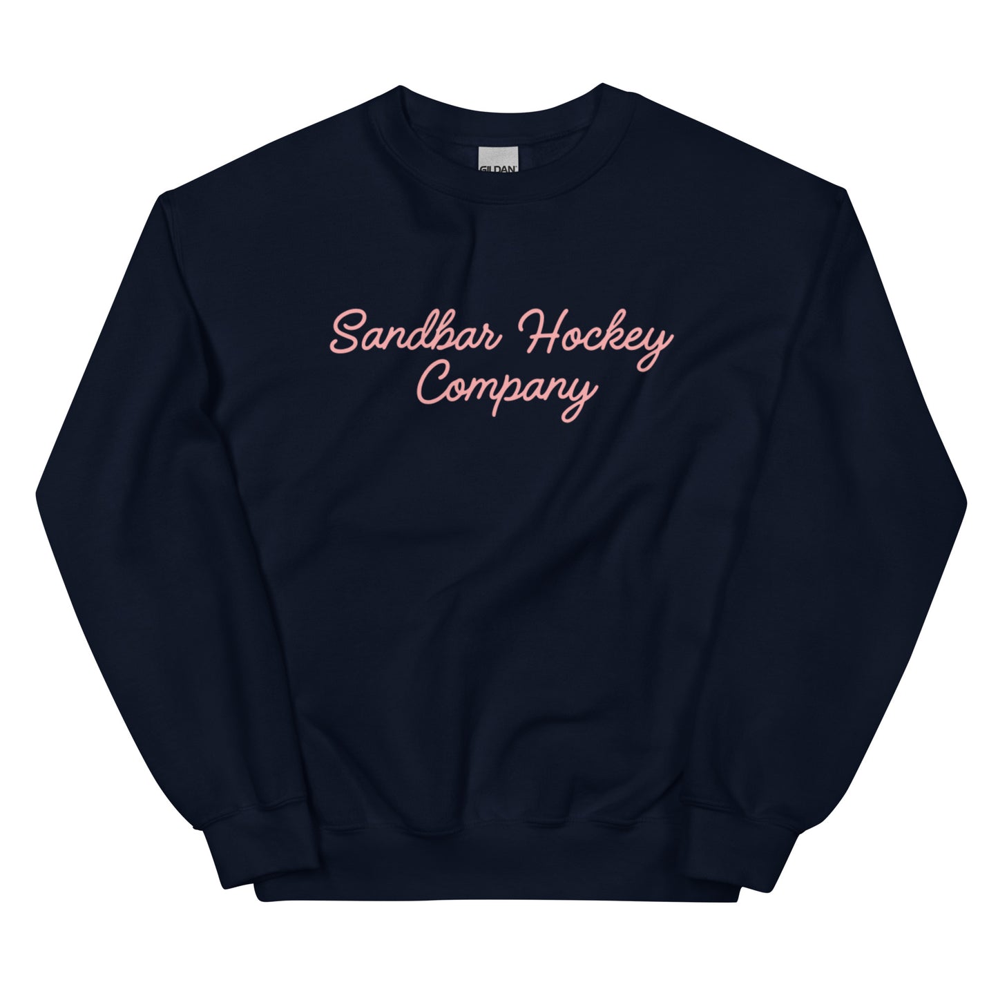 Navy Blue hockey crewneck front side with pink Sandbar Hockey Company cursive logo