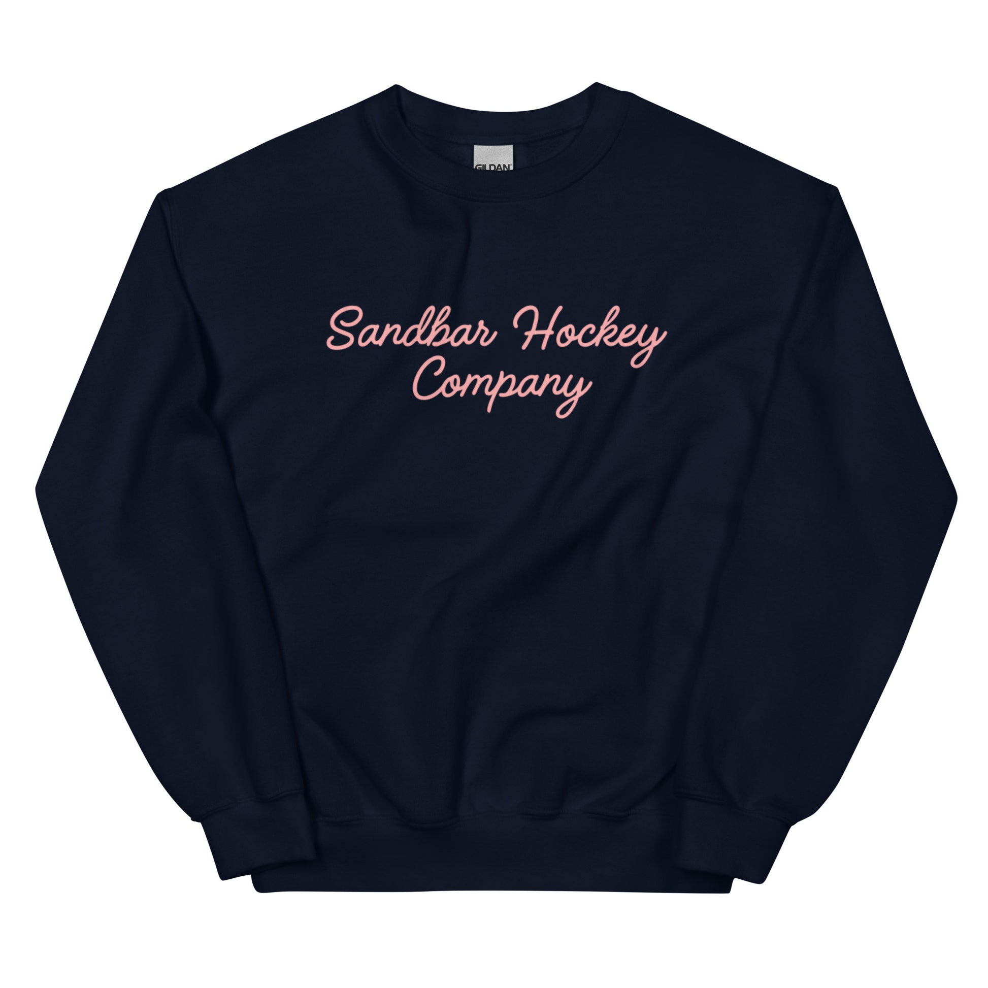 Navy Blue hockey crewneck front side with pink Sandbar Hockey Company cursive logo