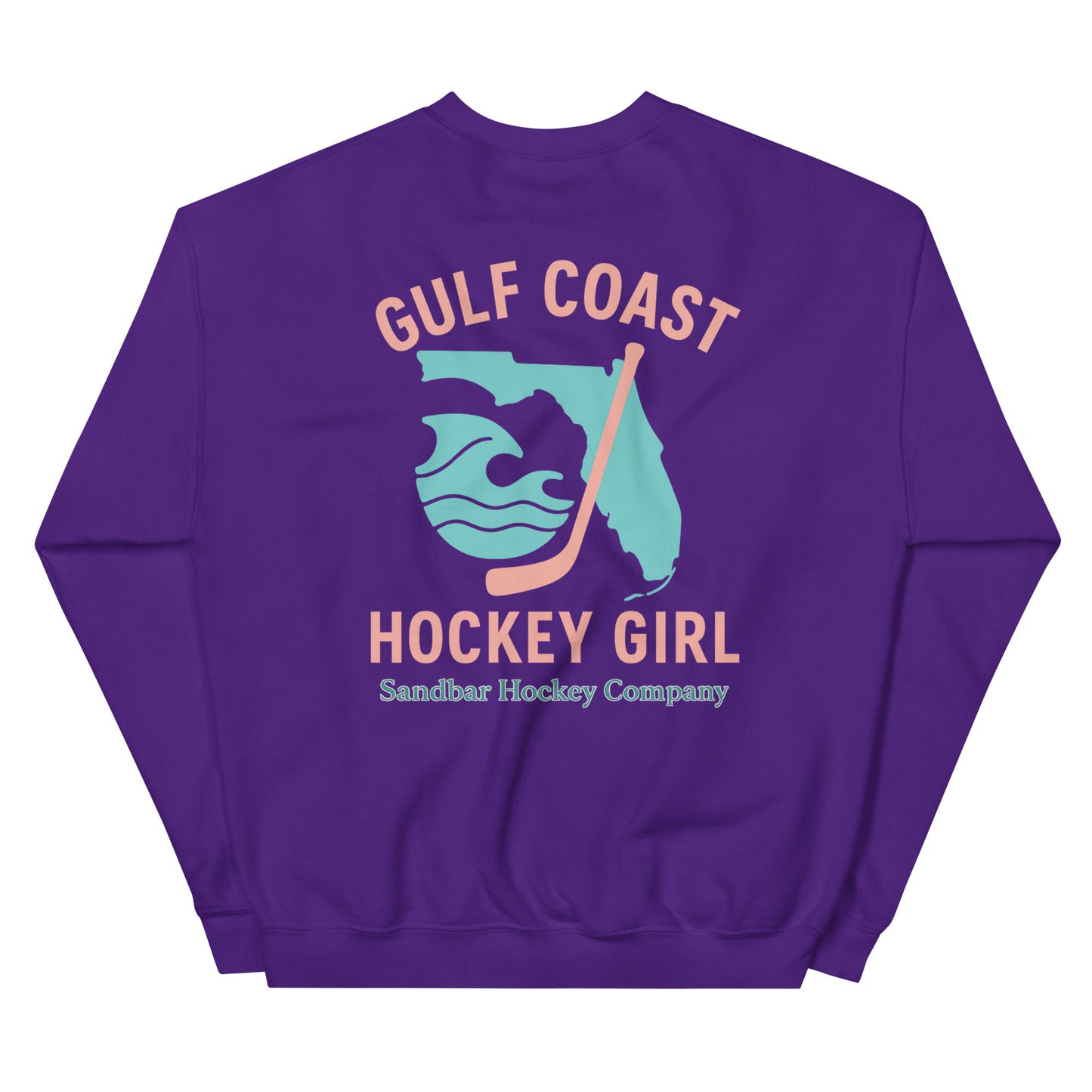 Purple hockey crewneck sweatshirt back side with Gulf Coast Hockey Girl Florida graphic and Sandbar Hockey Company logo