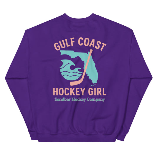 Purple hockey crewneck sweatshirt back side with Gulf Coast Hockey Girl Florida graphic and Sandbar Hockey Company logo